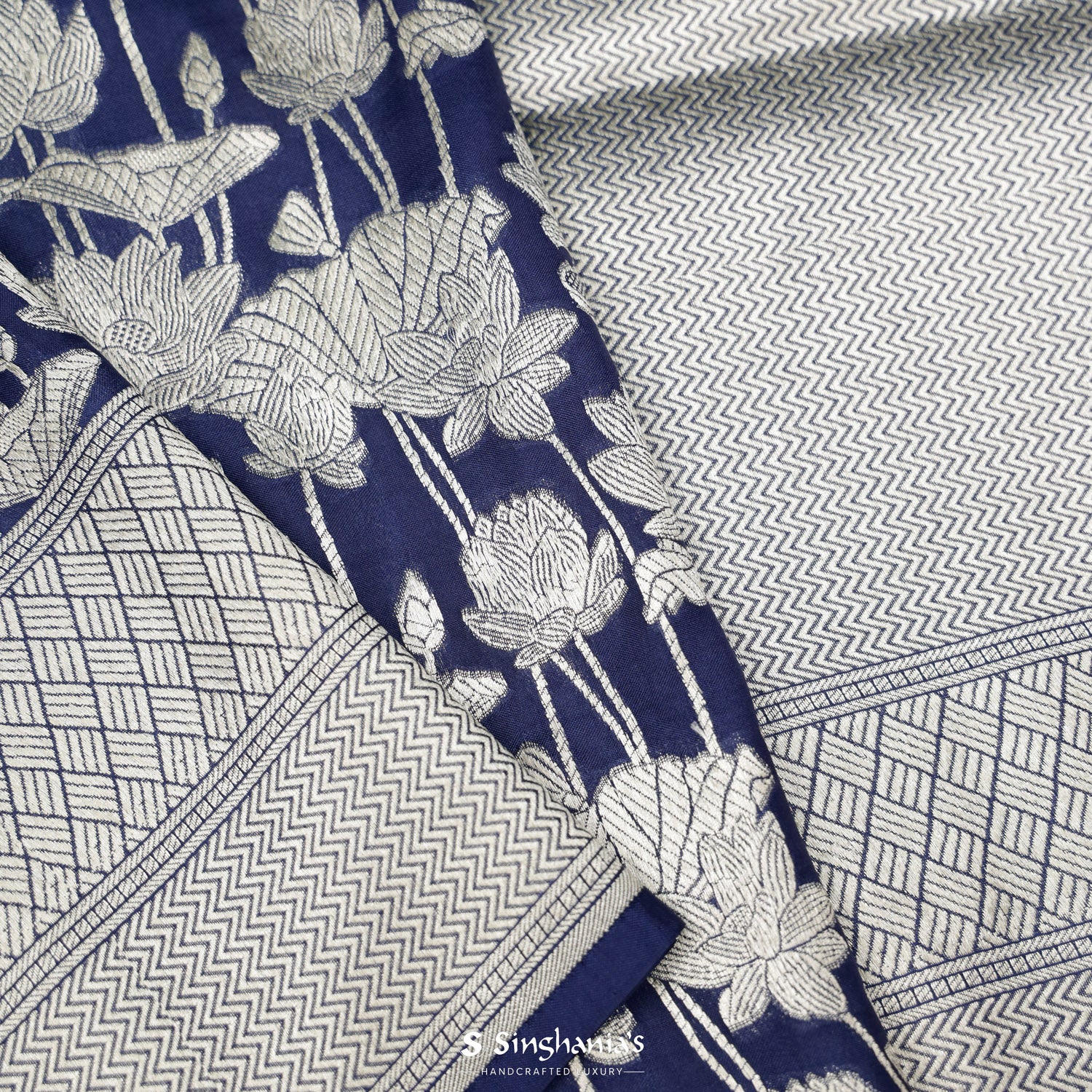 Dark Navy Blue Banarasi Silk Saree With Floral Butti Pattern