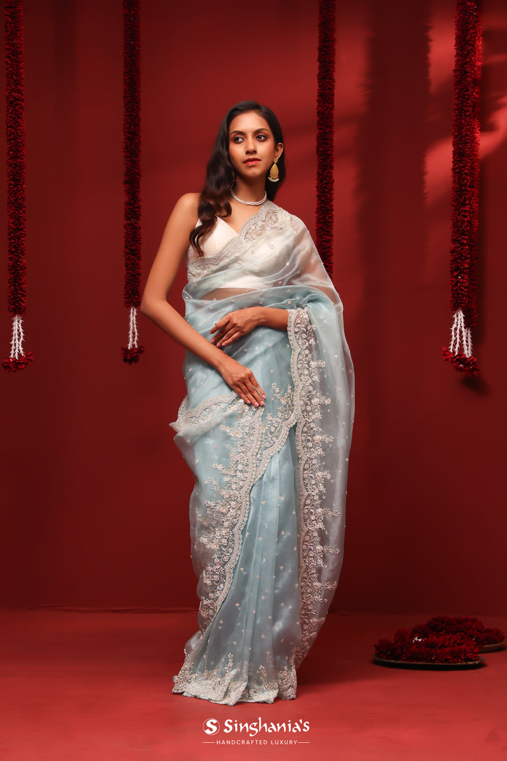 Pale Blue Handcrafted Tissue Saree