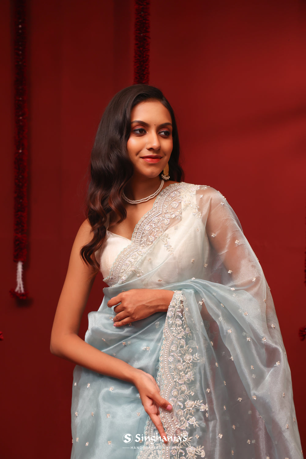 Pale Blue Handcrafted Tissue Saree