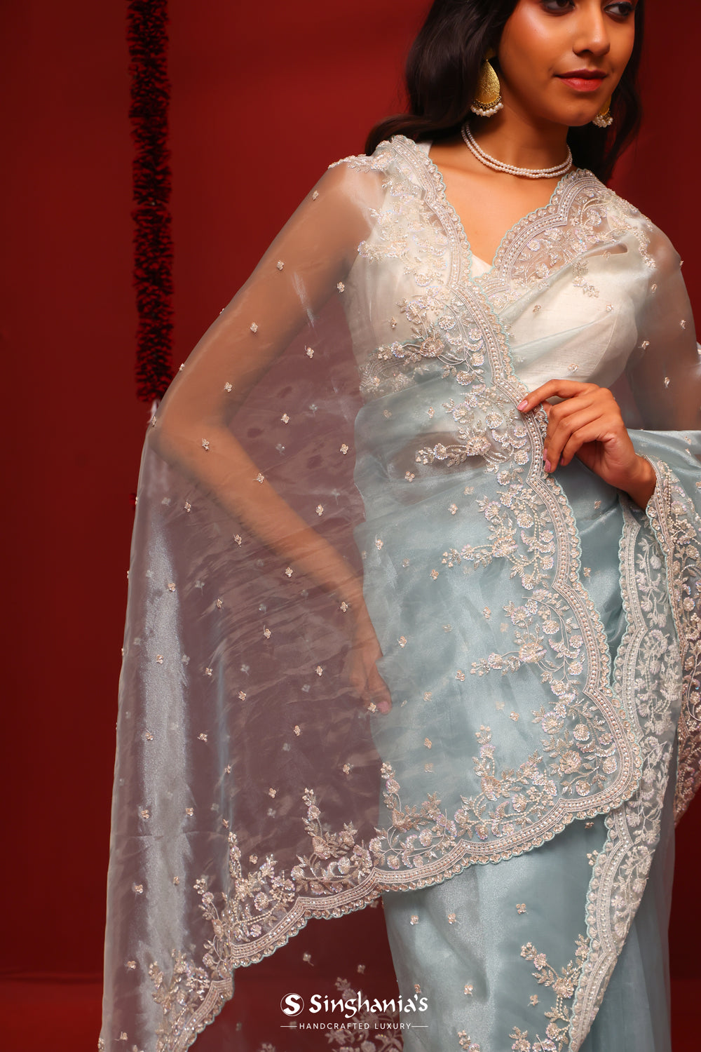 Pale Blue Handcrafted Tissue Saree