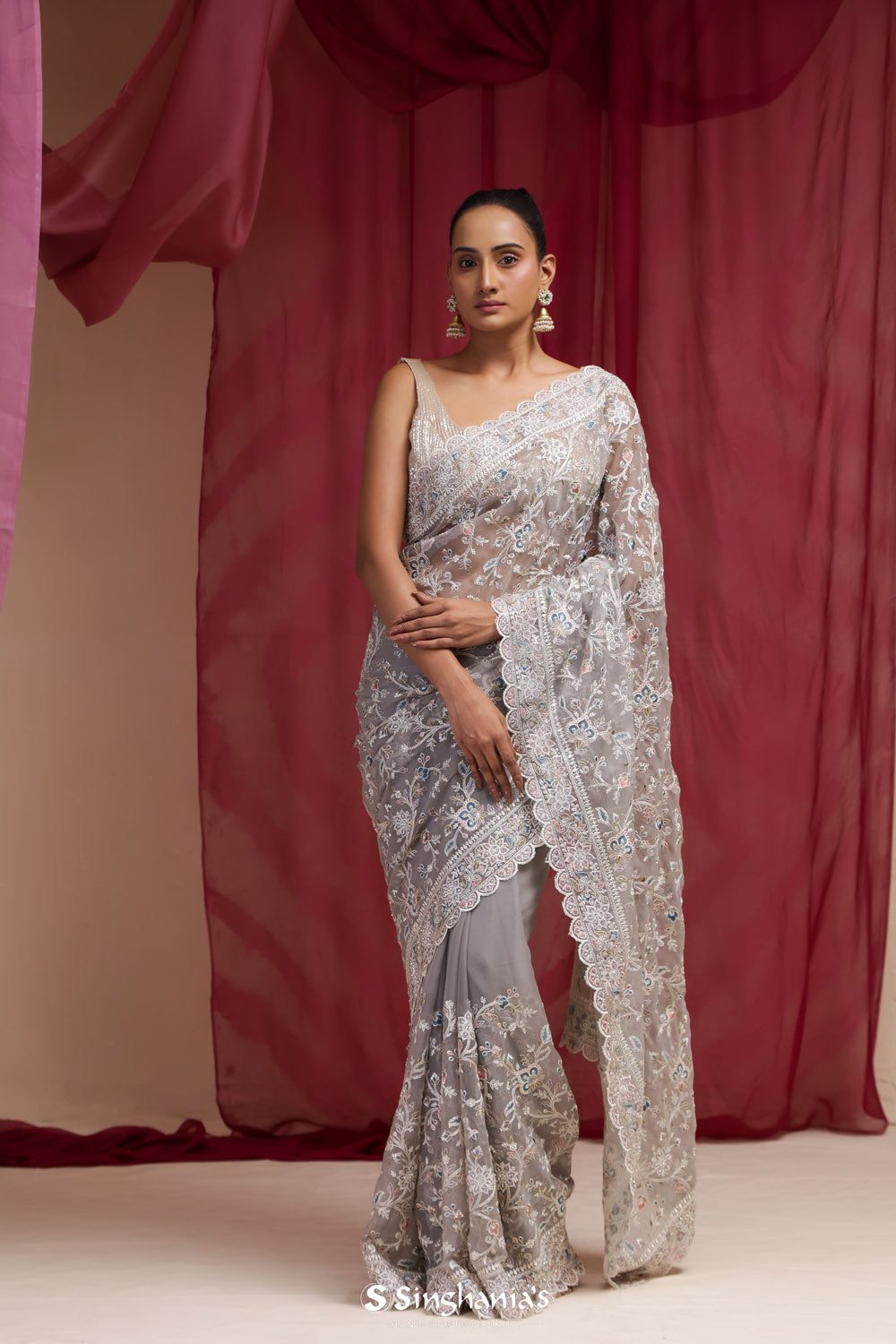 Medium Grey Organza Saree With Hand Embroidery