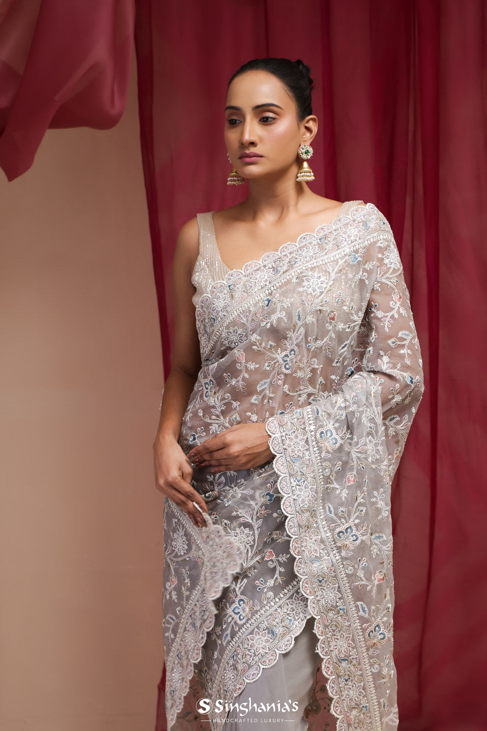 Medium Grey Organza Saree With Hand Embroidery