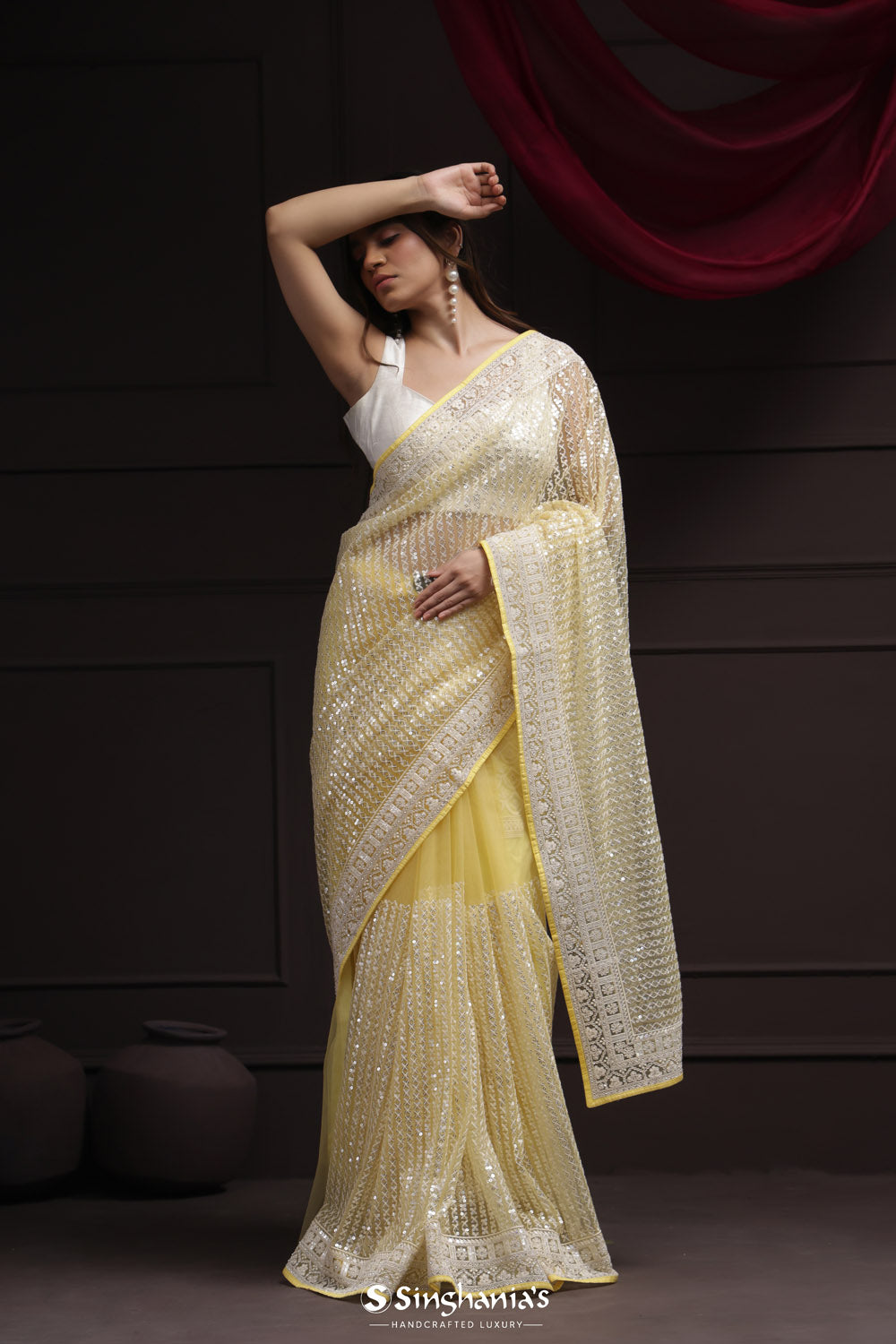 Butter Yellow Net Designer Saree With Sequin Embroidery
