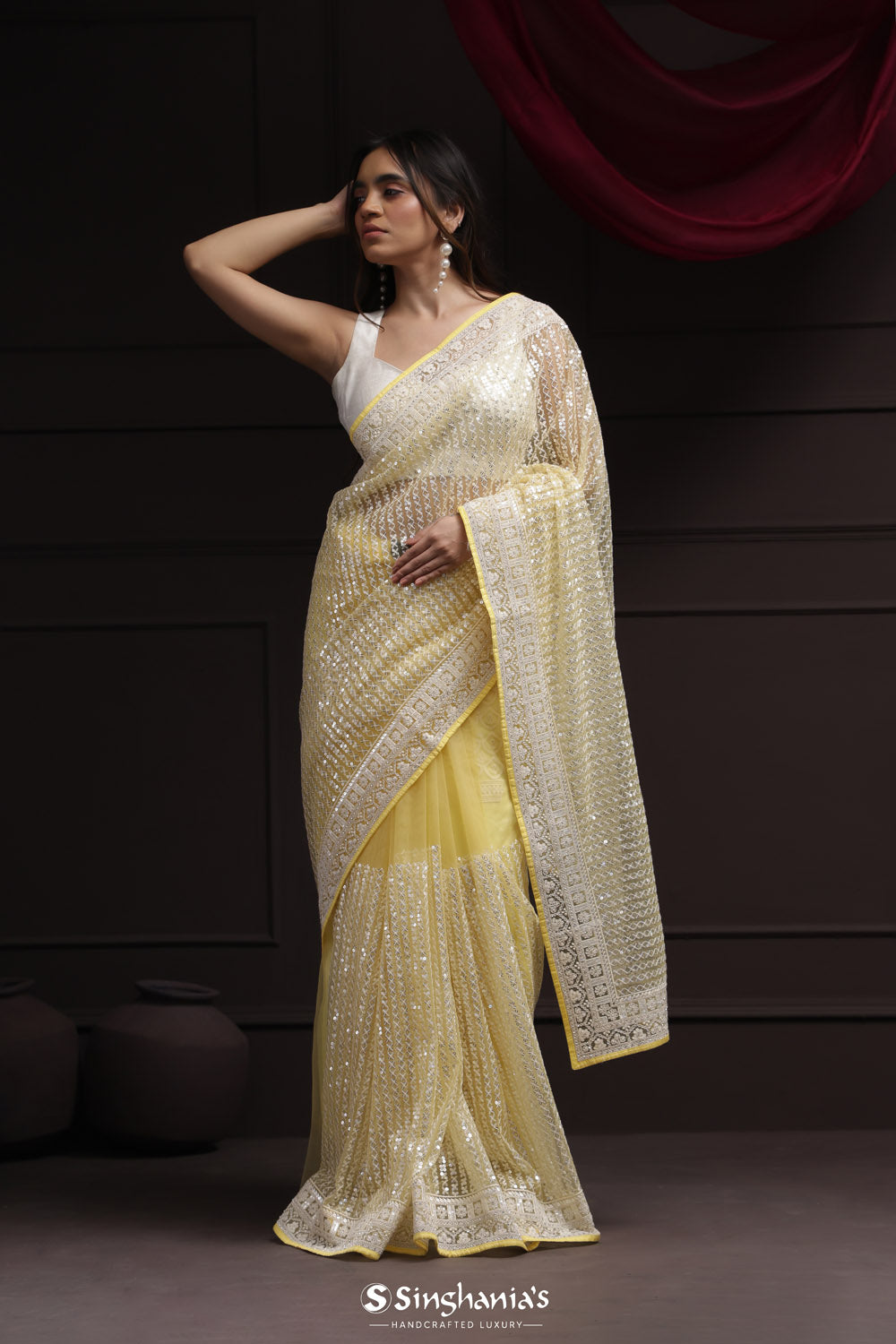 Butter Yellow Net Designer Saree With Sequin Embroidery