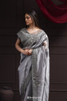 Metallic Grey Tissue Designer Saree With Sequin Embroidery