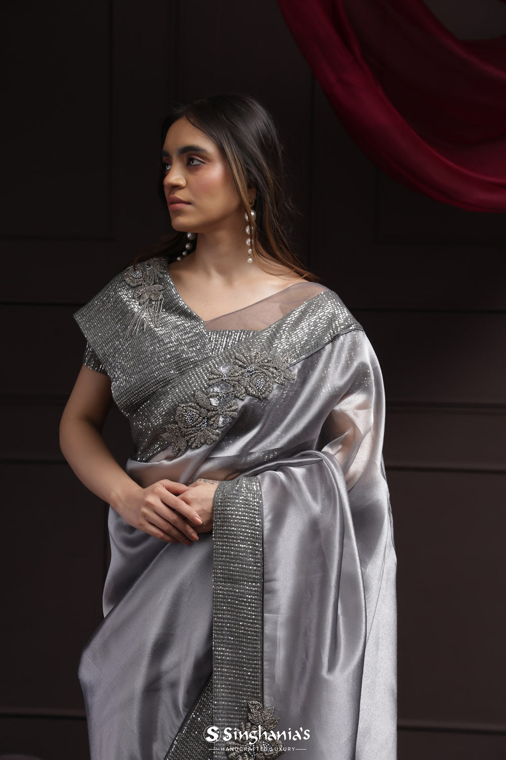 Metallic Grey Tissue Designer Saree With Sequin Embroidery
