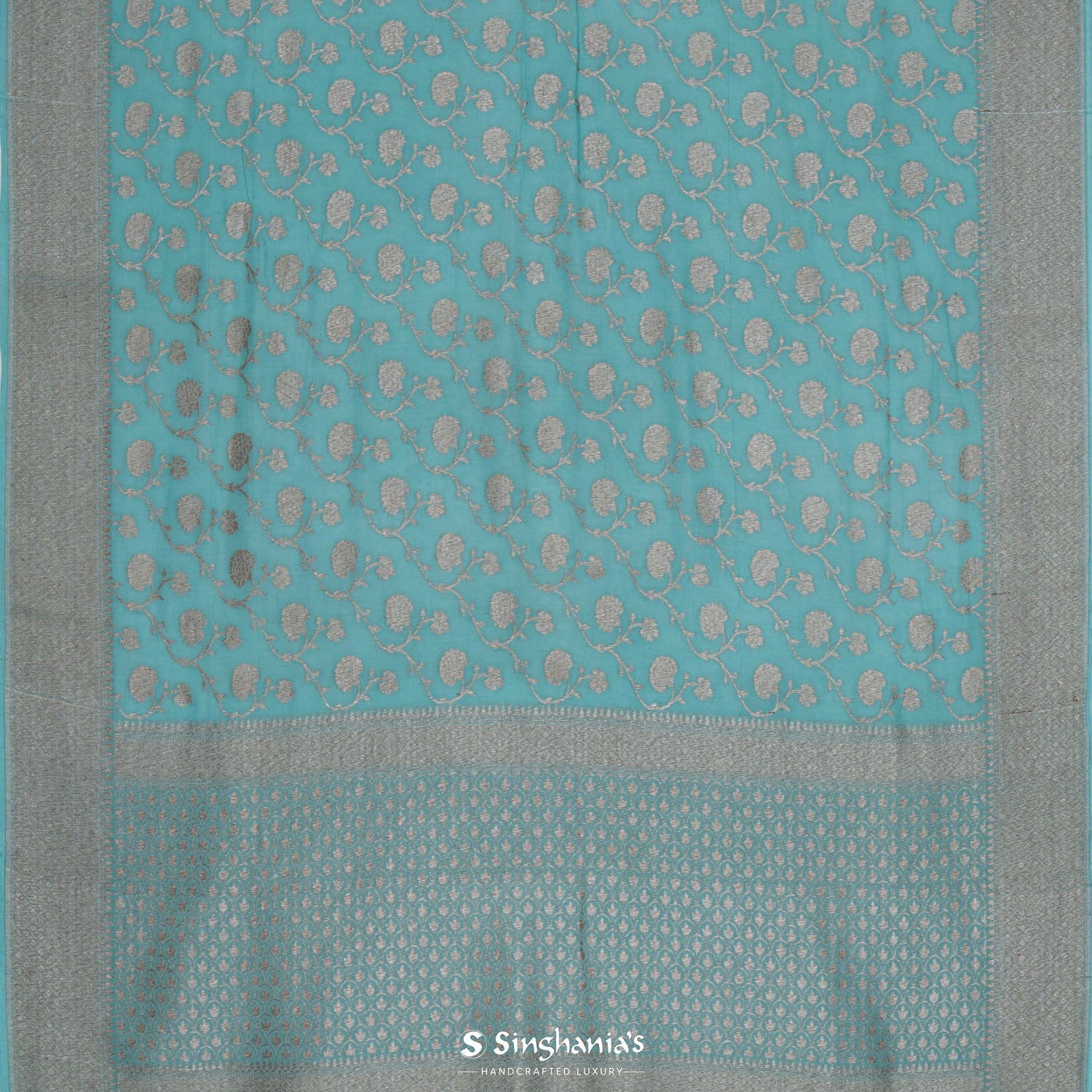 Light Turquoise Blue Moonga Saree With Banarasi Weaving In Floral Pattern