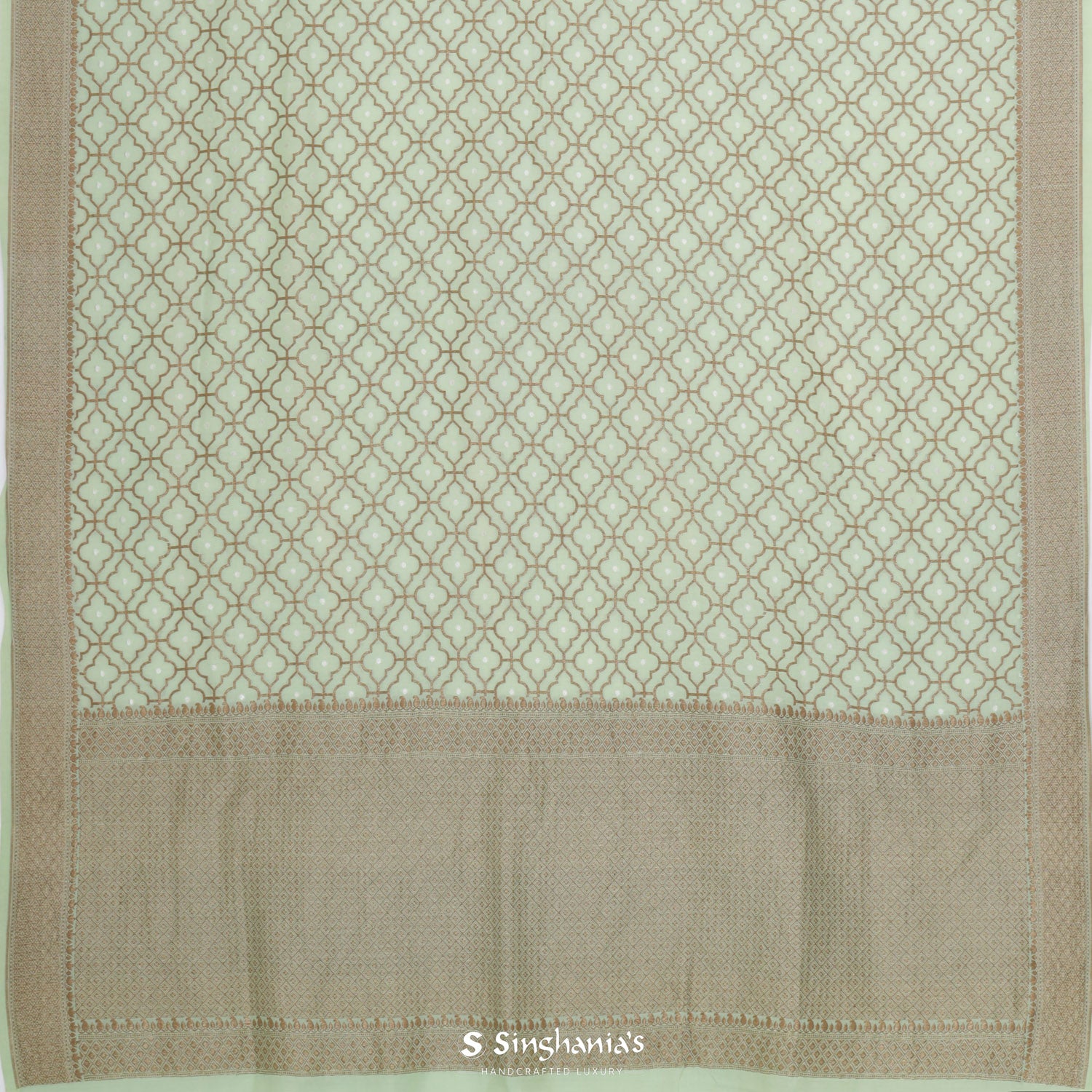 Turquoise Green Moonga Saree With Banarasi Weaving