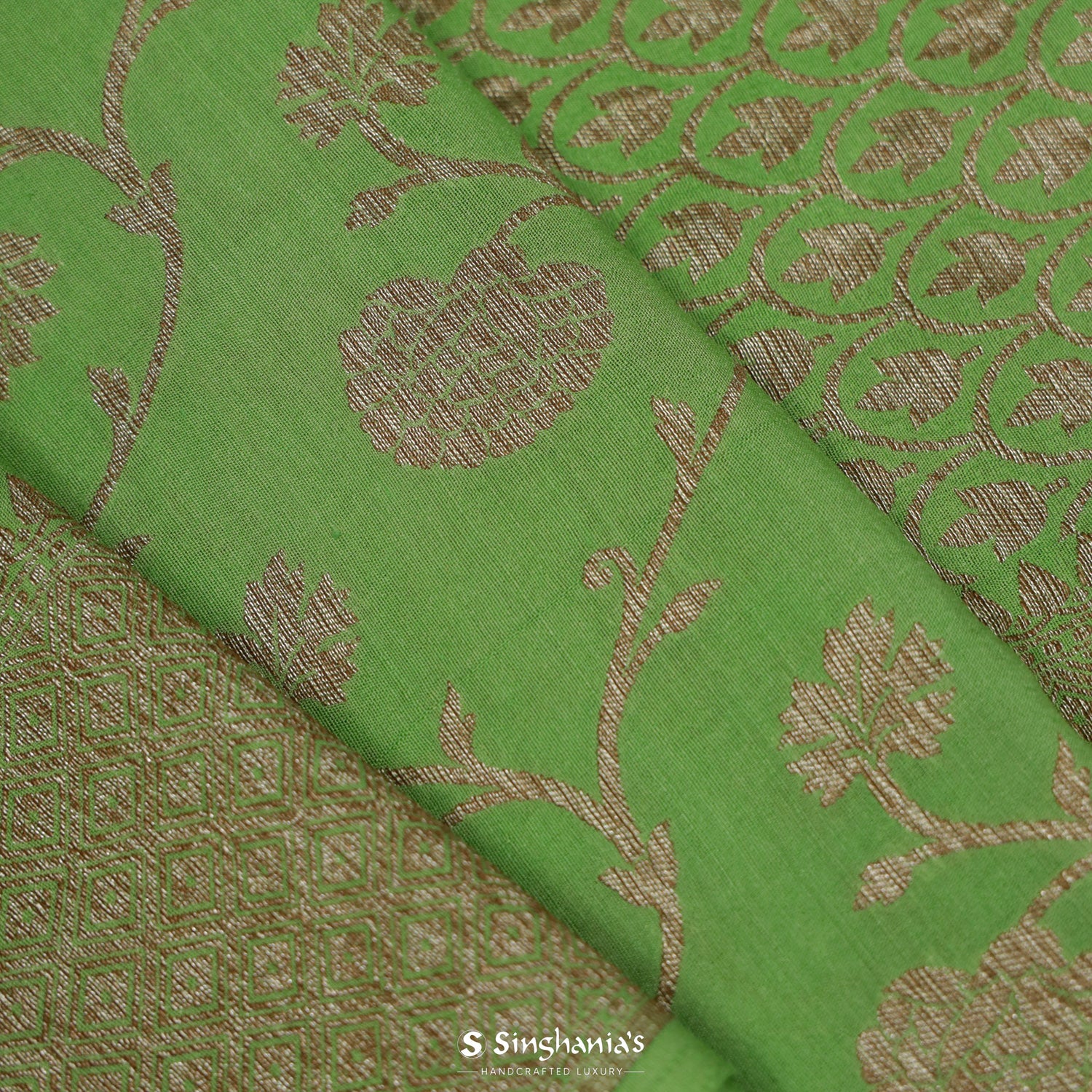 Mint Green Moonga Saree With Banarasi Weaving In Floral Pattern