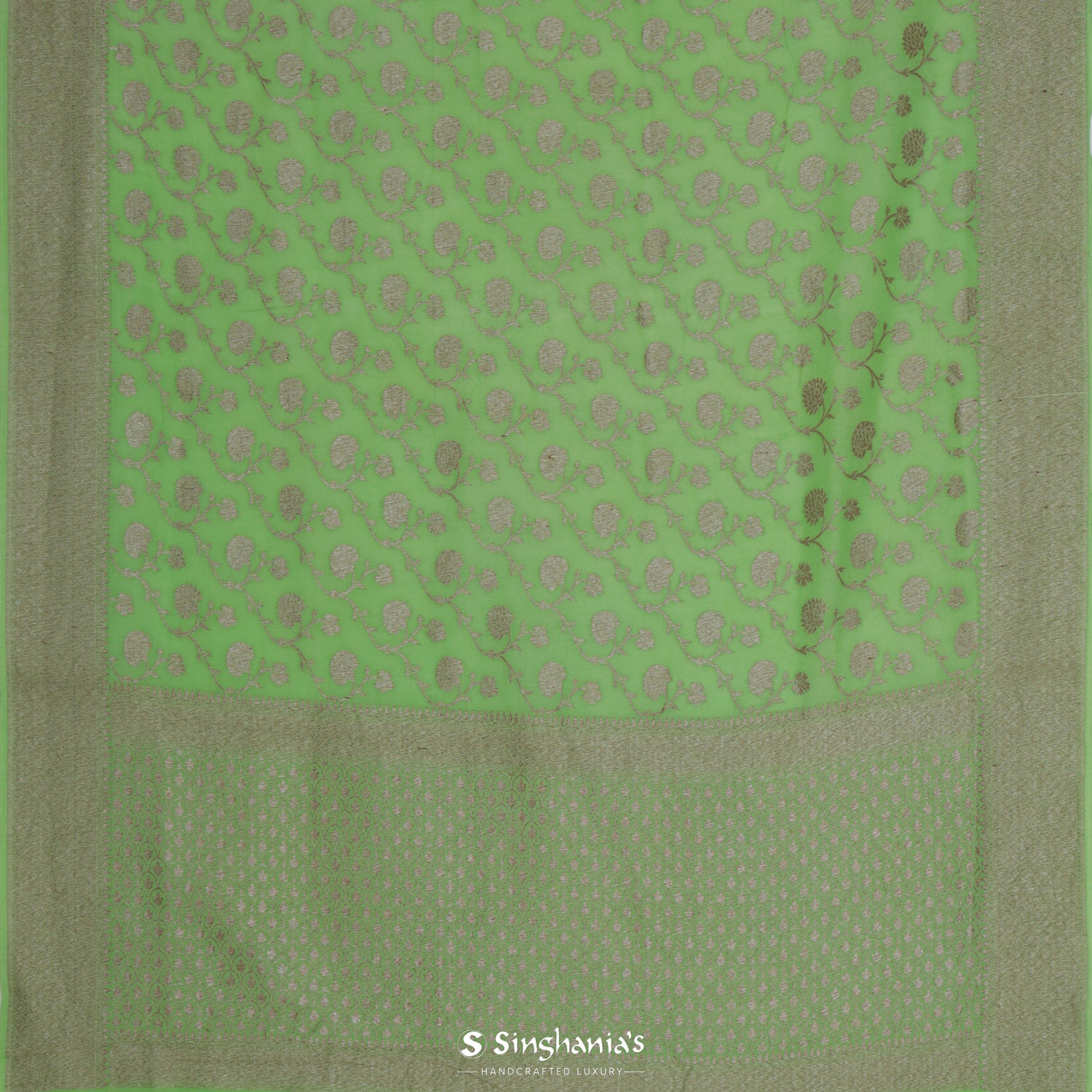 Mint Green Moonga Saree With Banarasi Weaving In Floral Pattern