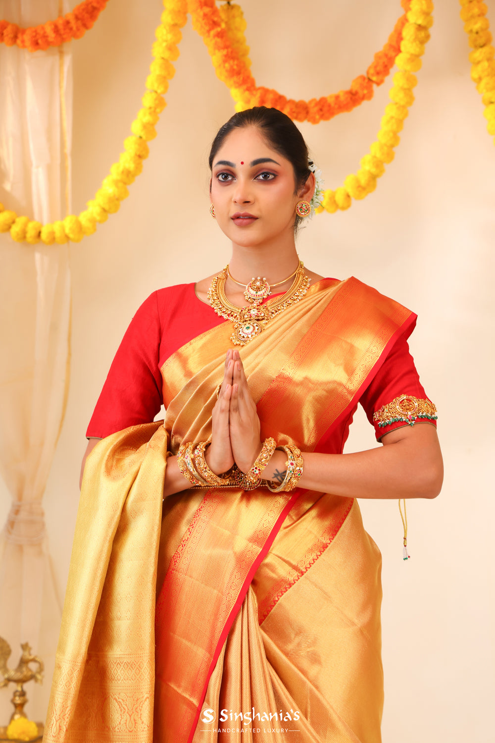 Red Gold Tissue Kanjivaram Saree With Stripes Weaving