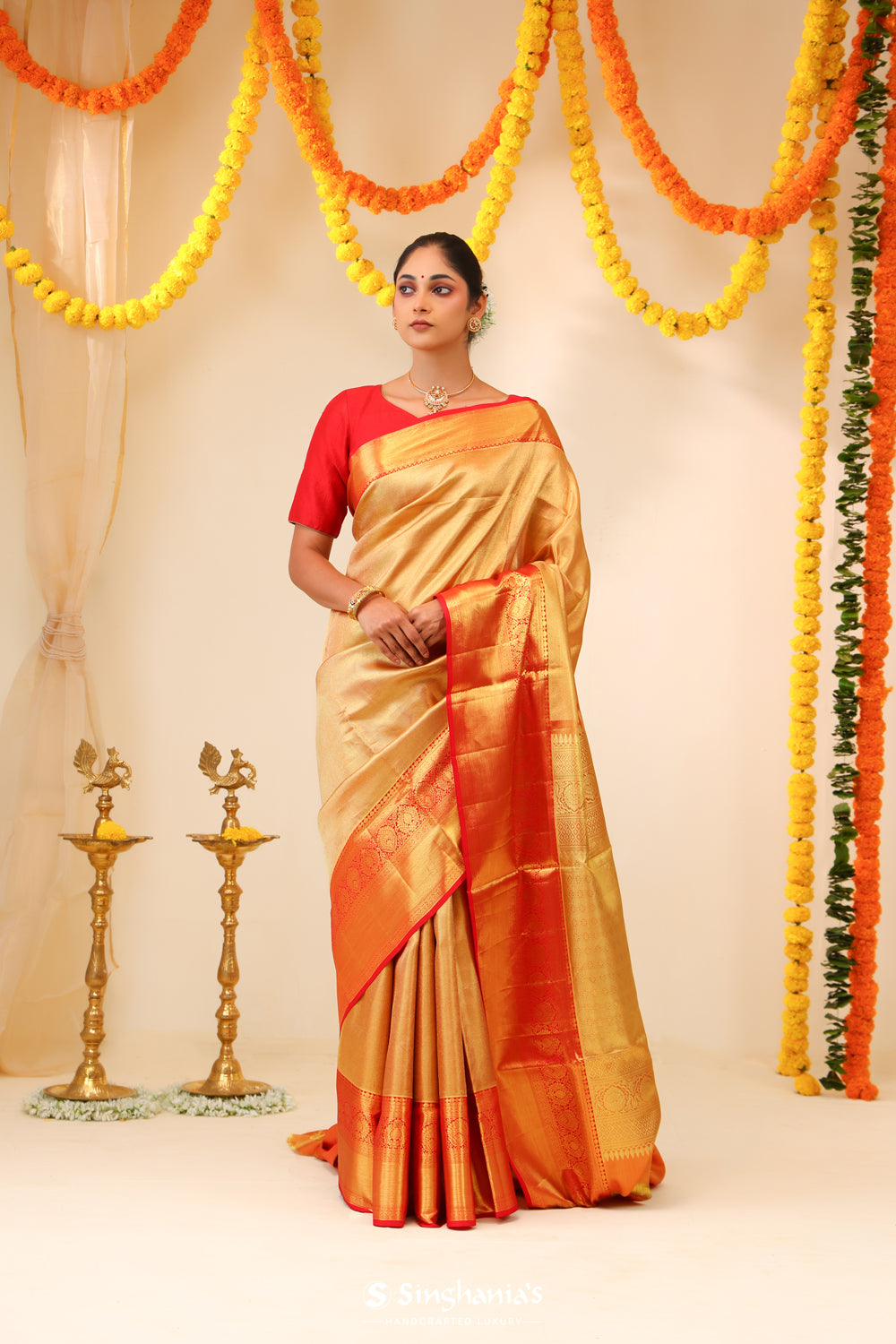 Red Gold Tissue Kanjivaram Saree With Stripes Weaving