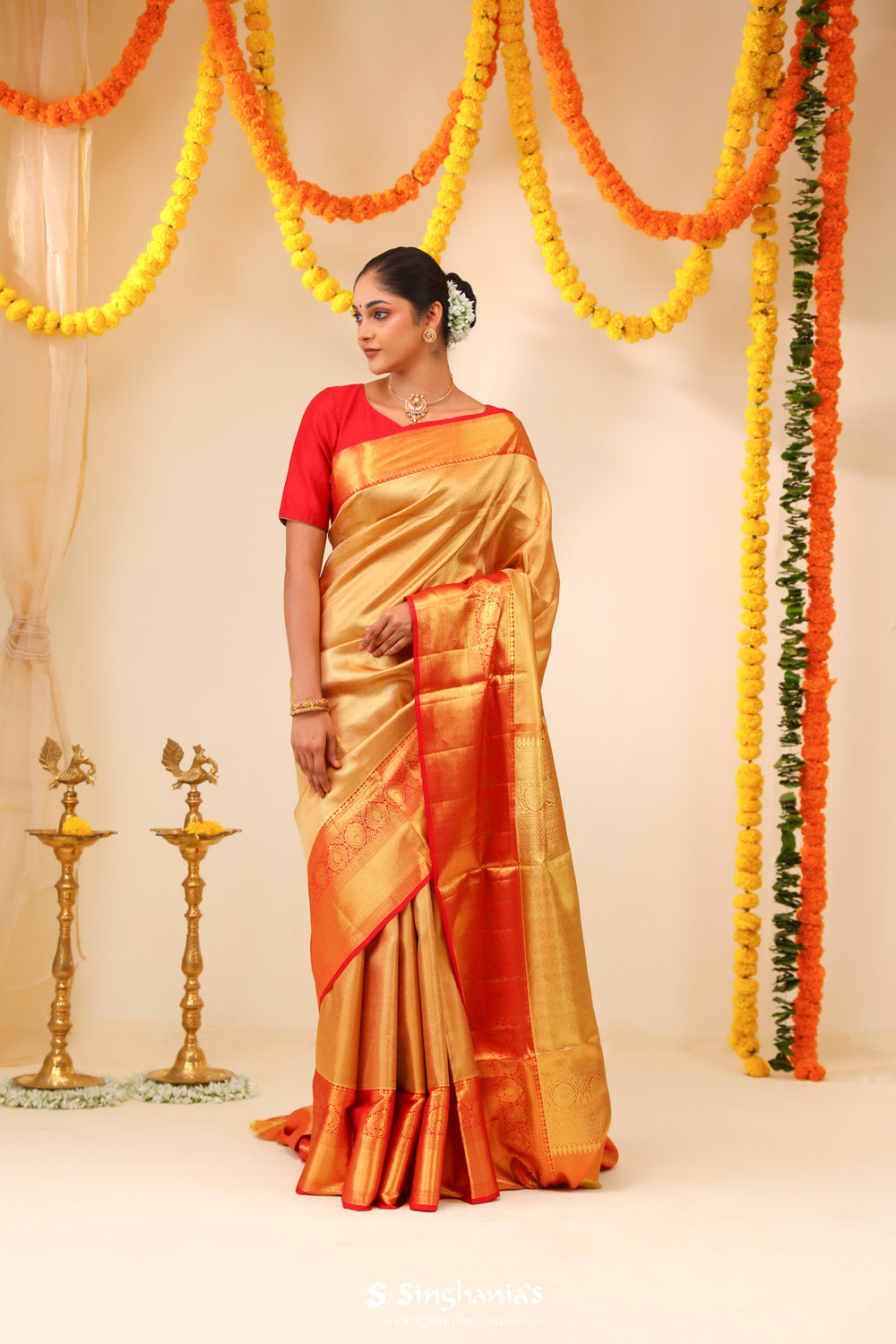 Red Gold Tissue Kanjivaram Saree With Stripes Weaving