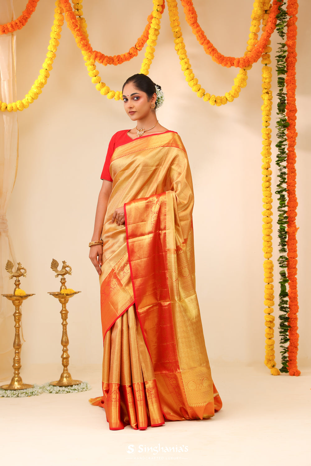 Red Gold Tissue Kanjivaram Saree With Stripes Weaving