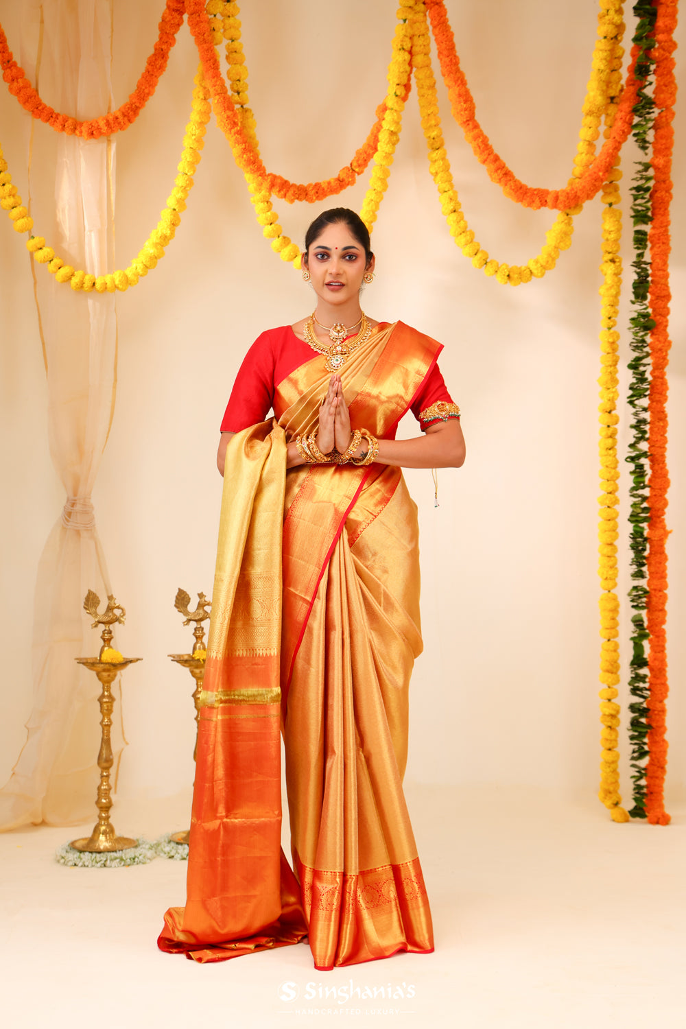 Red Gold Tissue Kanjivaram Saree With Stripes Weaving