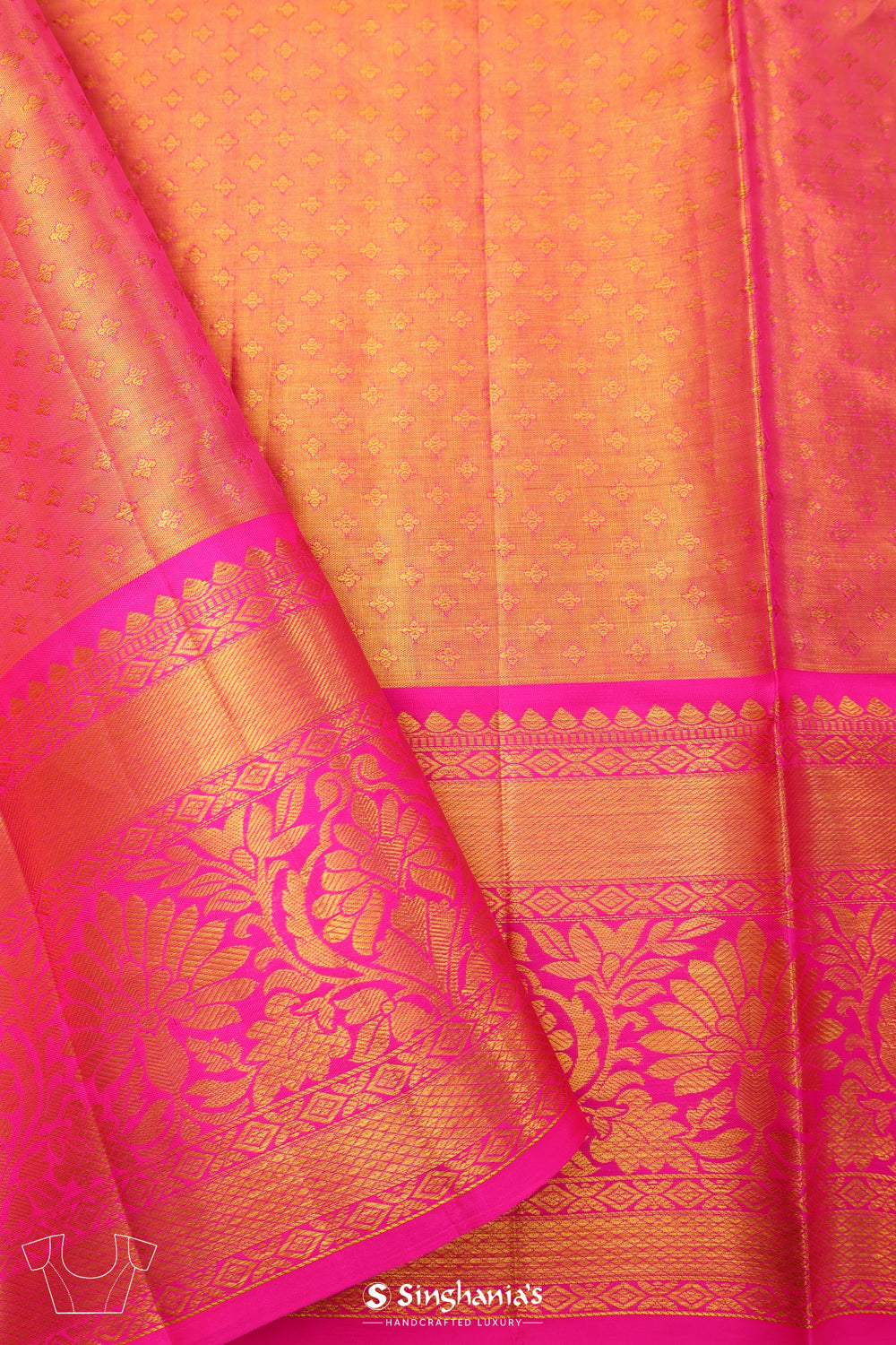 Candlelight Peach Tissue Kanjivaram Saree With Floral Jaal Weaving