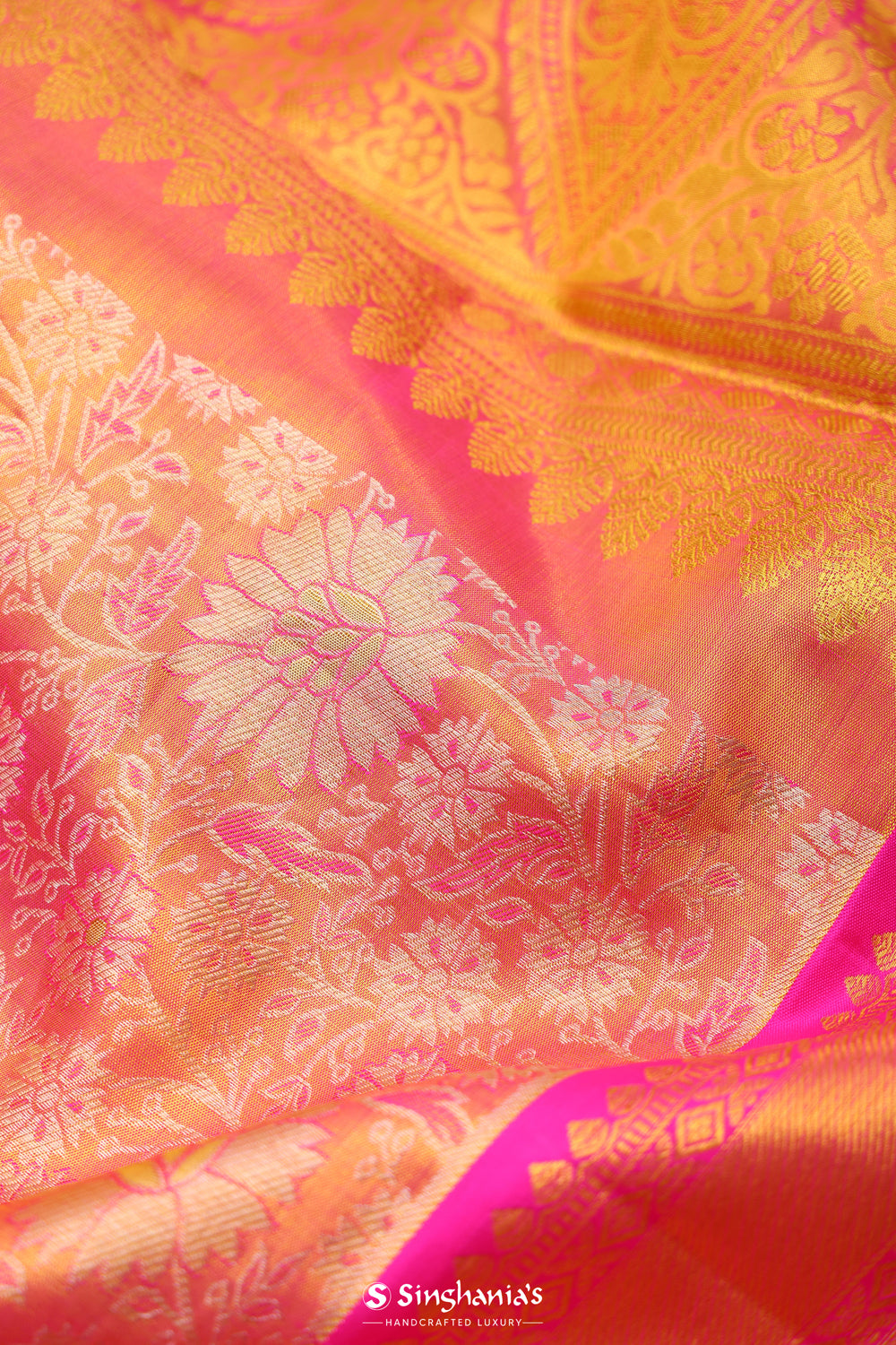 Candlelight Peach Tissue Kanjivaram Saree With Floral Jaal Weaving