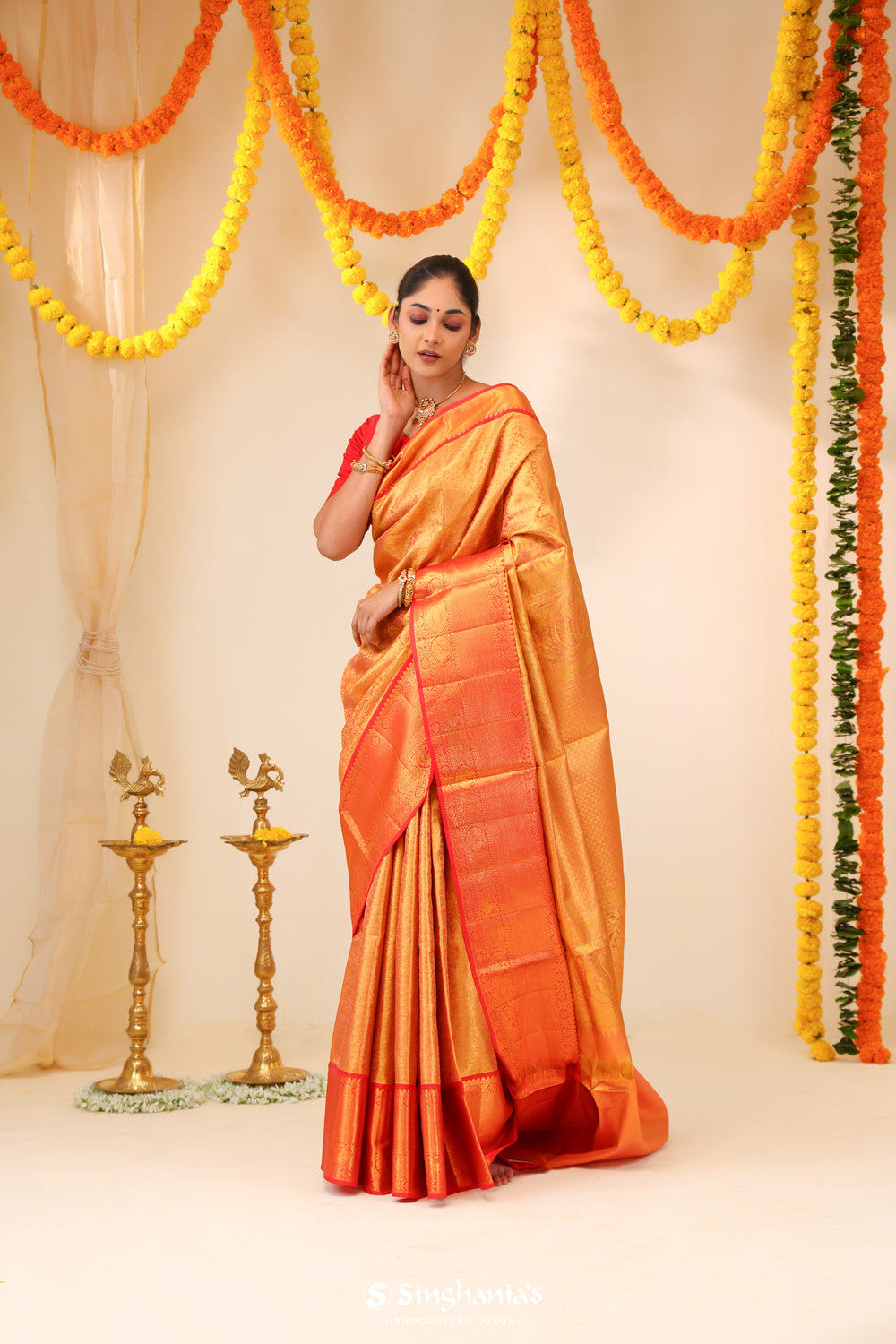 Puce Pink Tissue Kanjivaram Saree With Floral Pattern