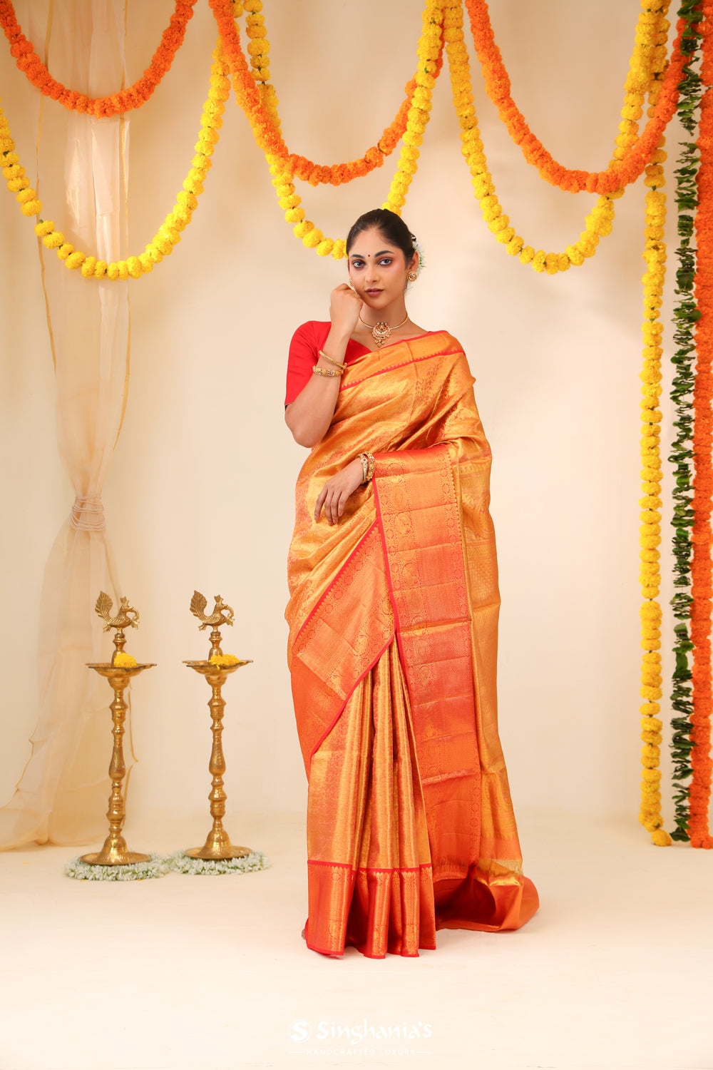 Puce Pink Tissue Kanjivaram Saree With Floral Pattern