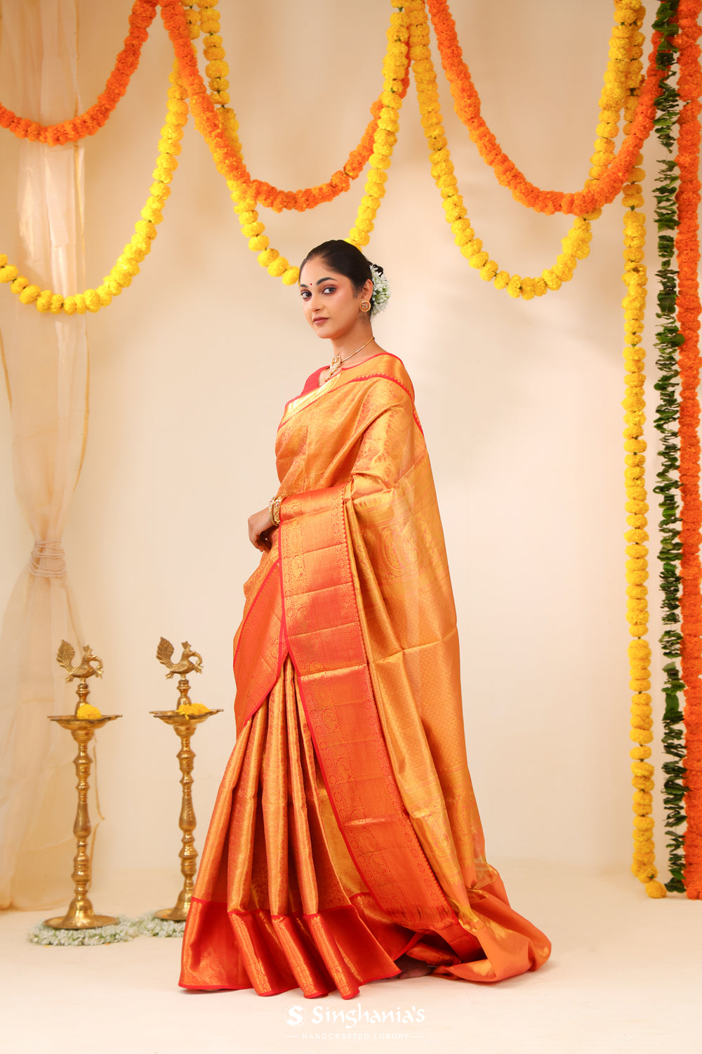 Puce Pink Tissue Kanjivaram Saree With Floral Pattern