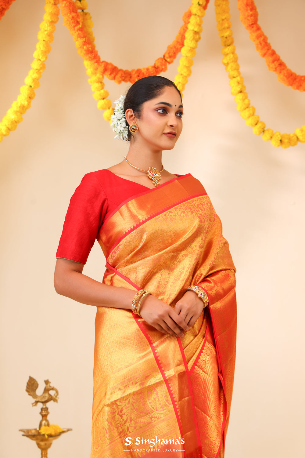 Puce Pink Tissue Kanjivaram Saree With Floral Pattern