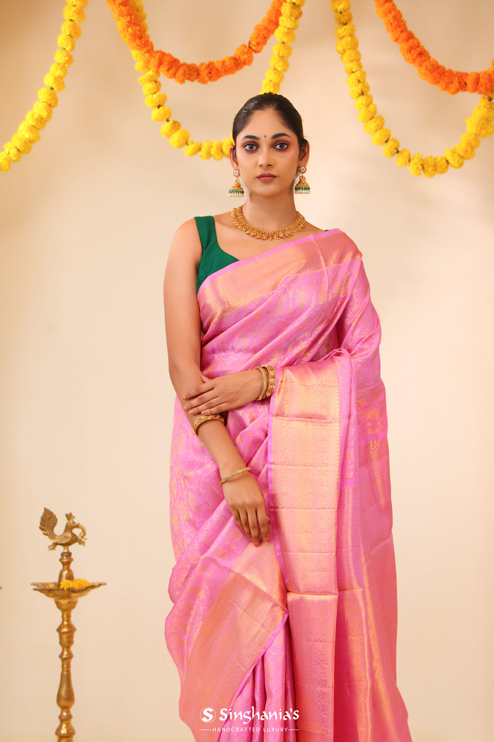 Pearl Pink Kanjivaram Silk Saree With Floral Weaving