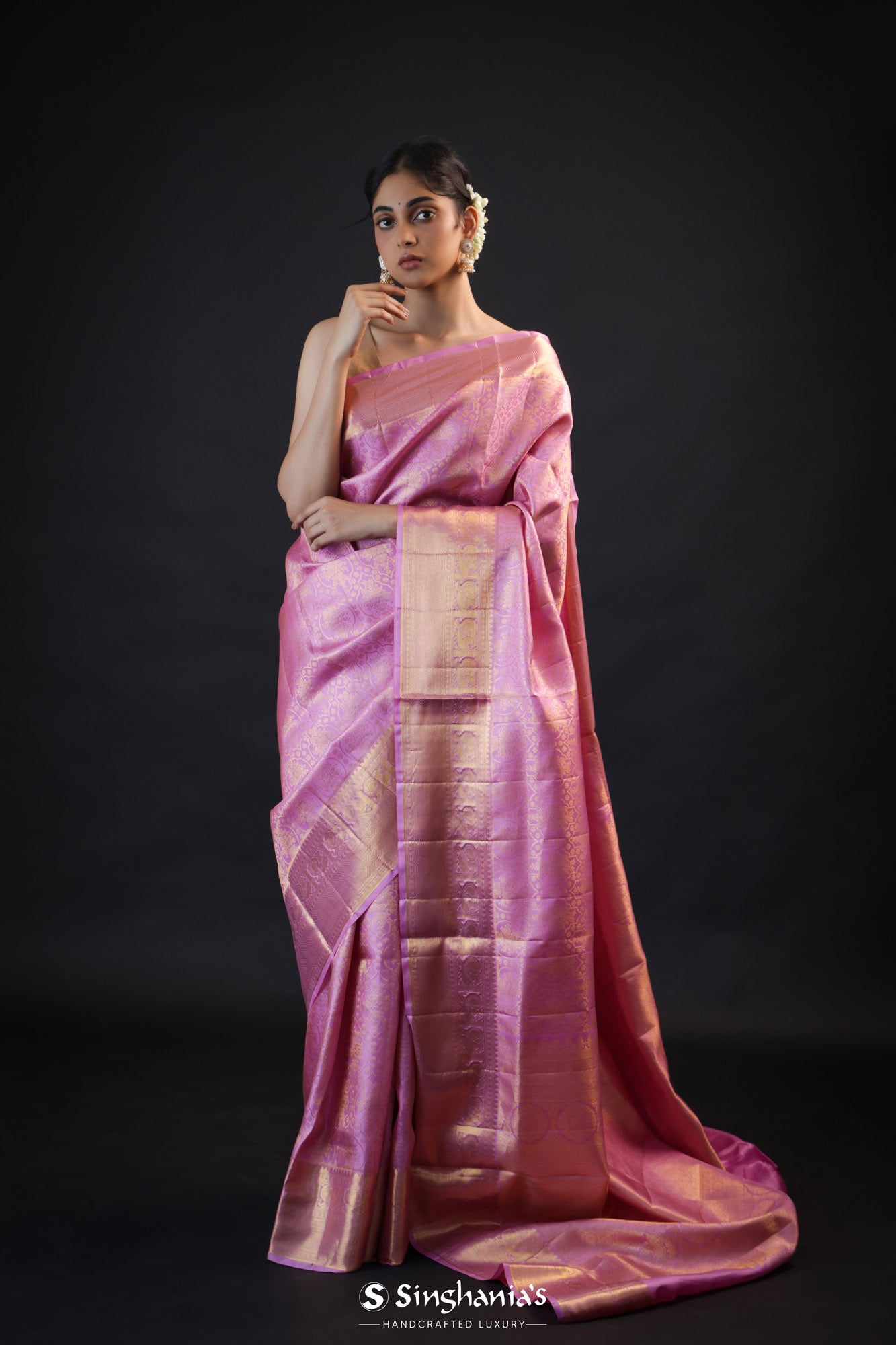 Deep Lilac Kanjivaram Silk Saree With Zari Butti