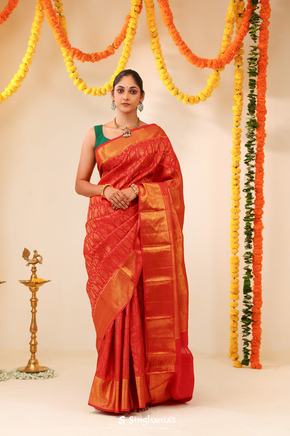 Scarlet Red Kanjivaram Silk Saree With Floral Butta