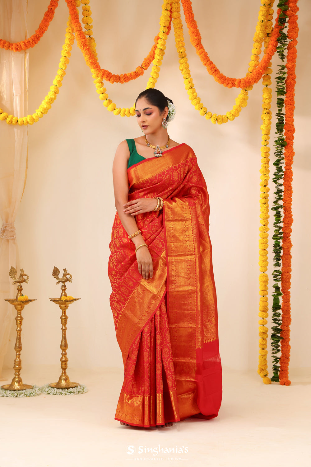 Scarlet Red Kanjivaram Silk Saree With Floral Butta