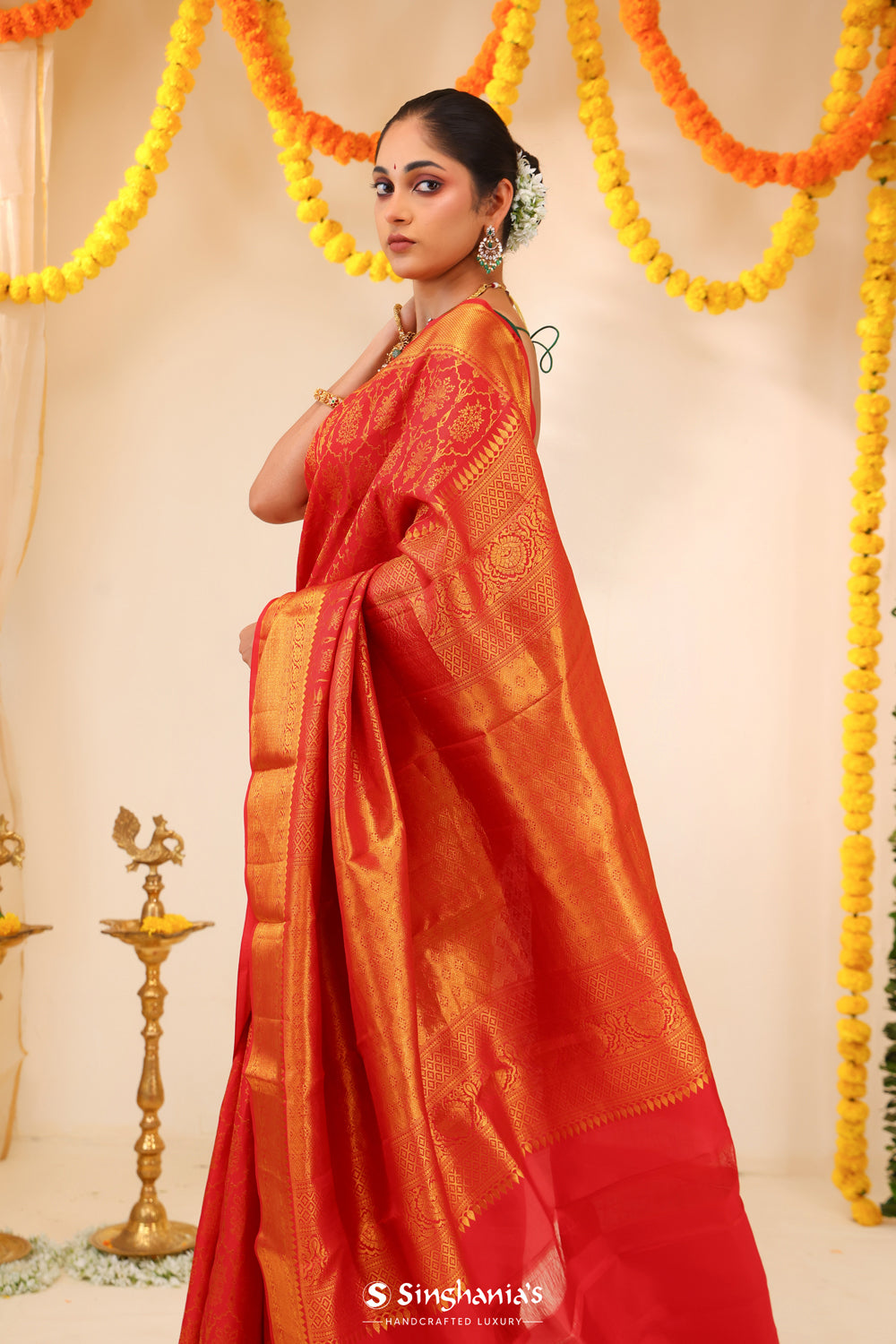 Scarlet Red Kanjivaram Silk Saree With Floral Butta