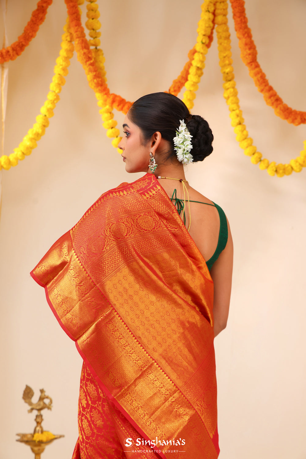 Scarlet Red Kanjivaram Silk Saree With Floral Butta