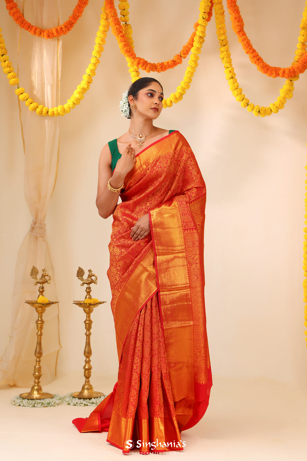 Cadmium Red Kanjivaram Silk Saree With Floral Jaal Weaving