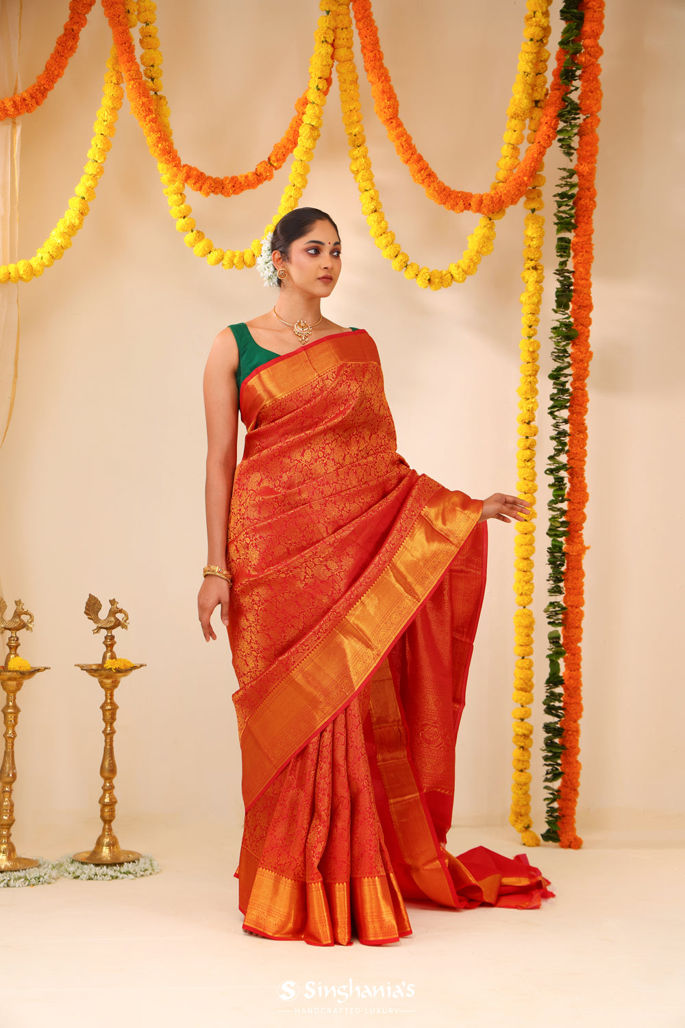 Cadmium Red Kanjivaram Silk Saree With Floral Jaal Weaving