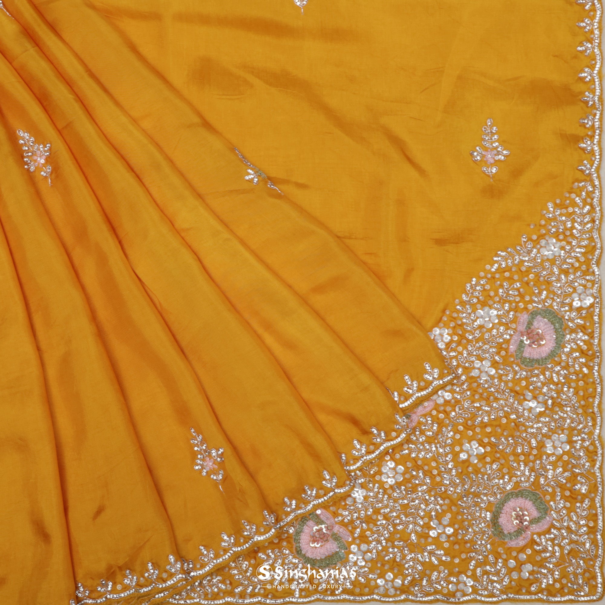 Colza Yellow Satin Saree With Hand Embroidery