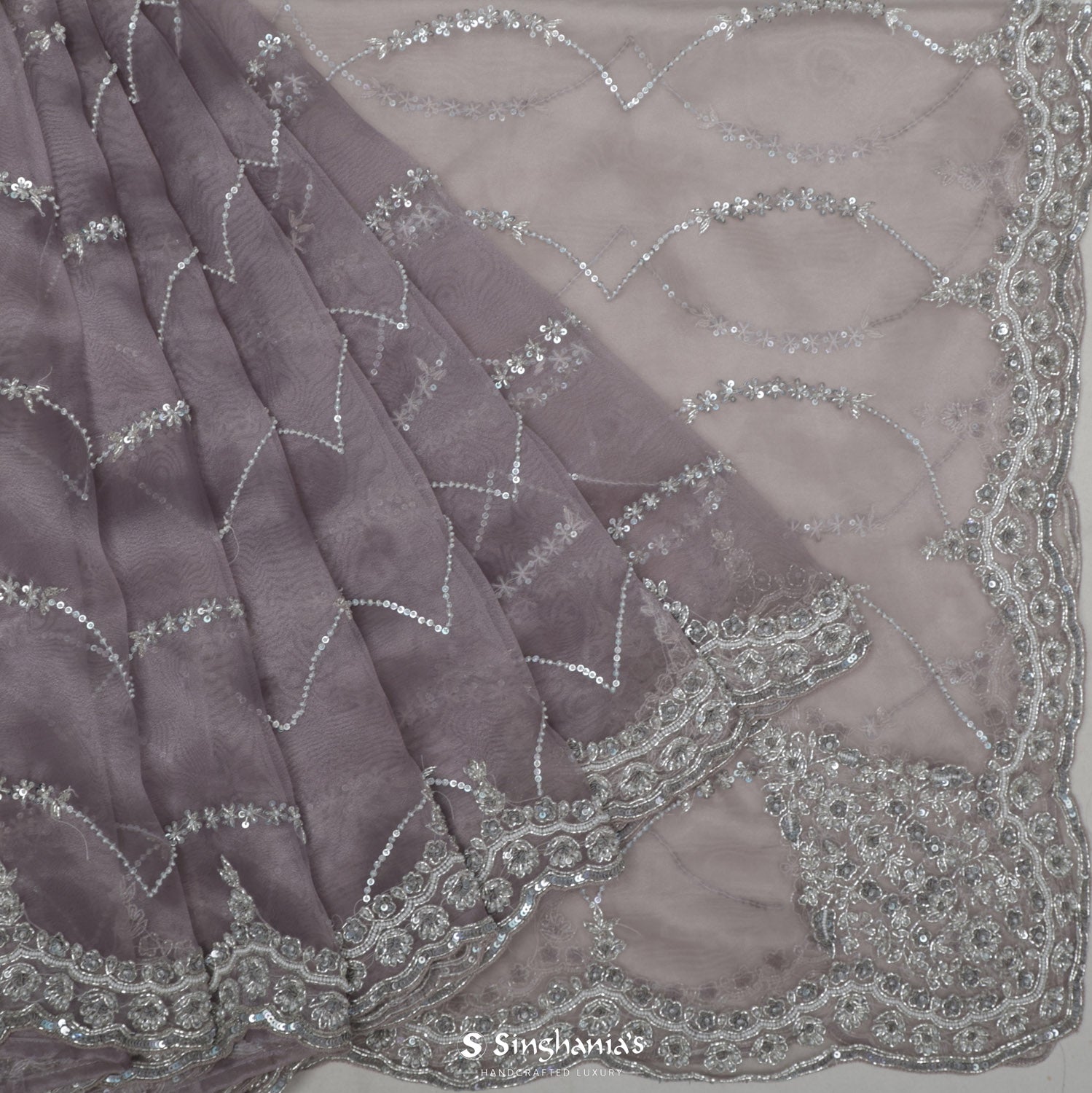 Thistle Violet Tissue Organza Saree With Hand Embroidery