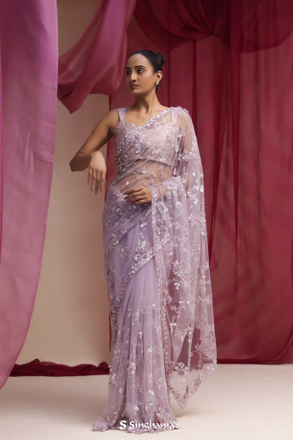 Thistle Purple Net Designer Saree With Hand Embroidery