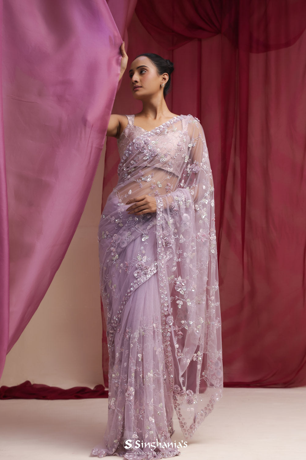 Thistle Purple Net Designer Saree With Hand Embroidery