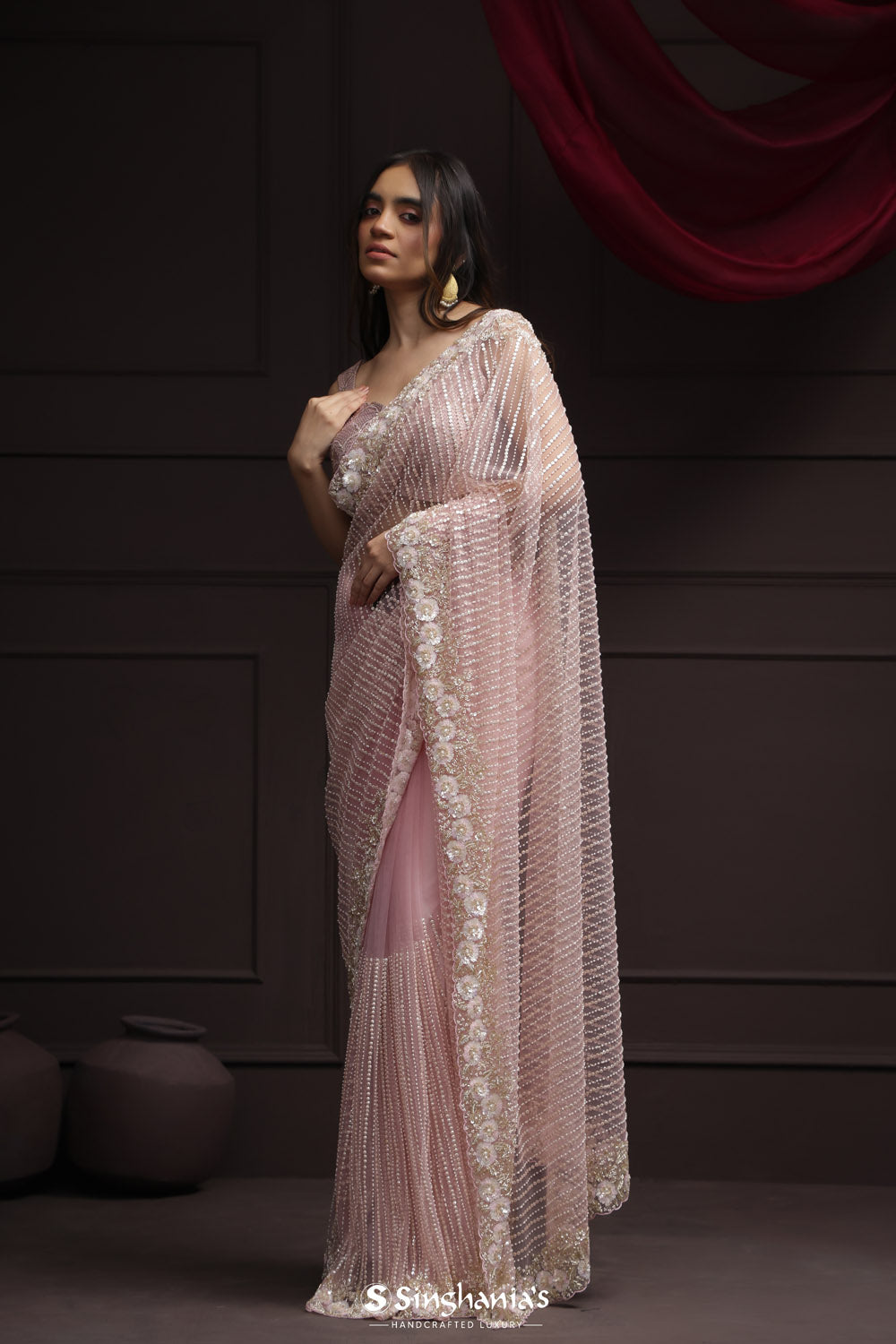 Baby Pink Net Designer Saree With Floral Embroidery