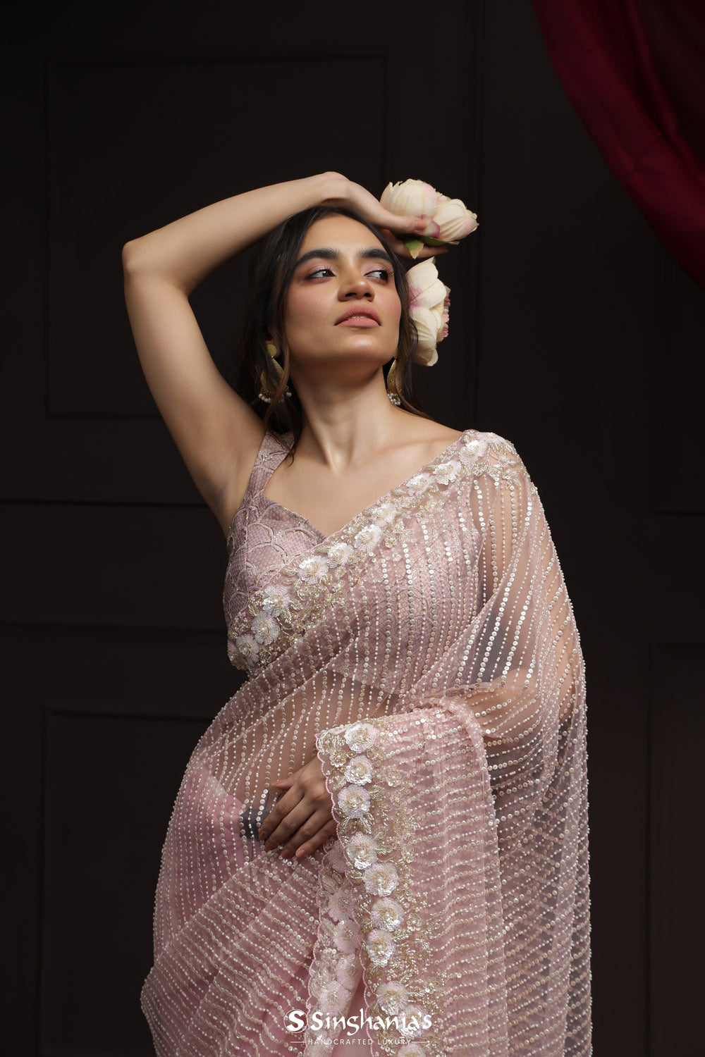 Baby Pink Net Designer Saree With Floral Embroidery