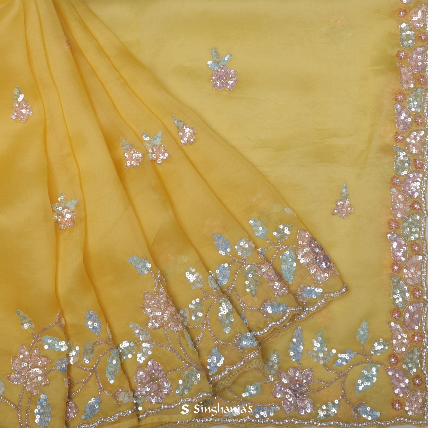 Royal Yellow Organza Saree With Butti Embroidery