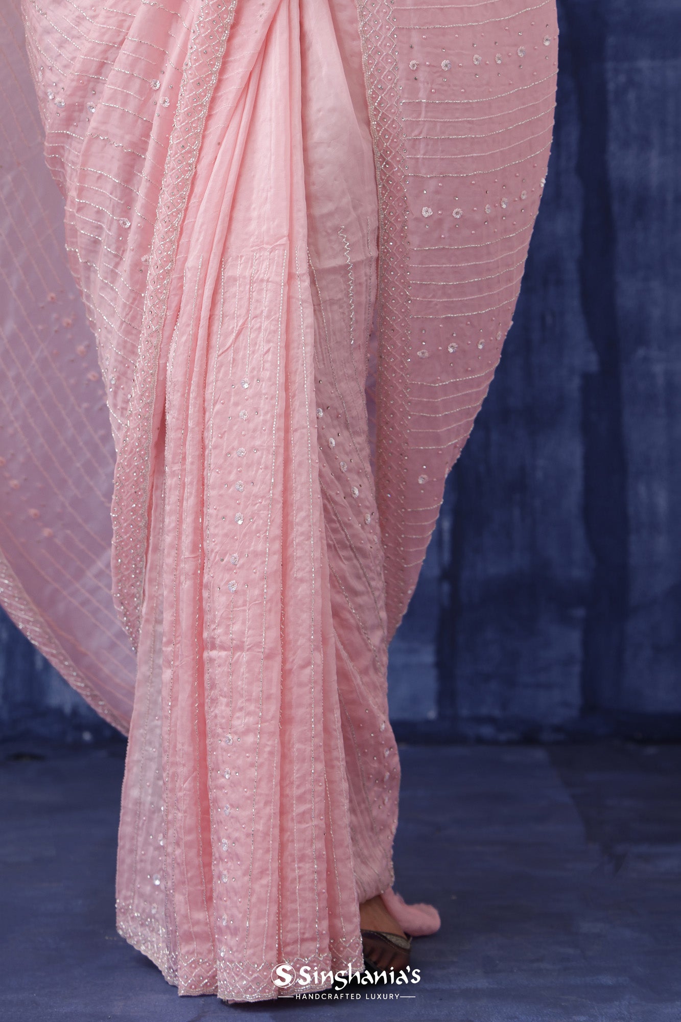 Pastel Pink Designer Organza Saree With Embroidery Work