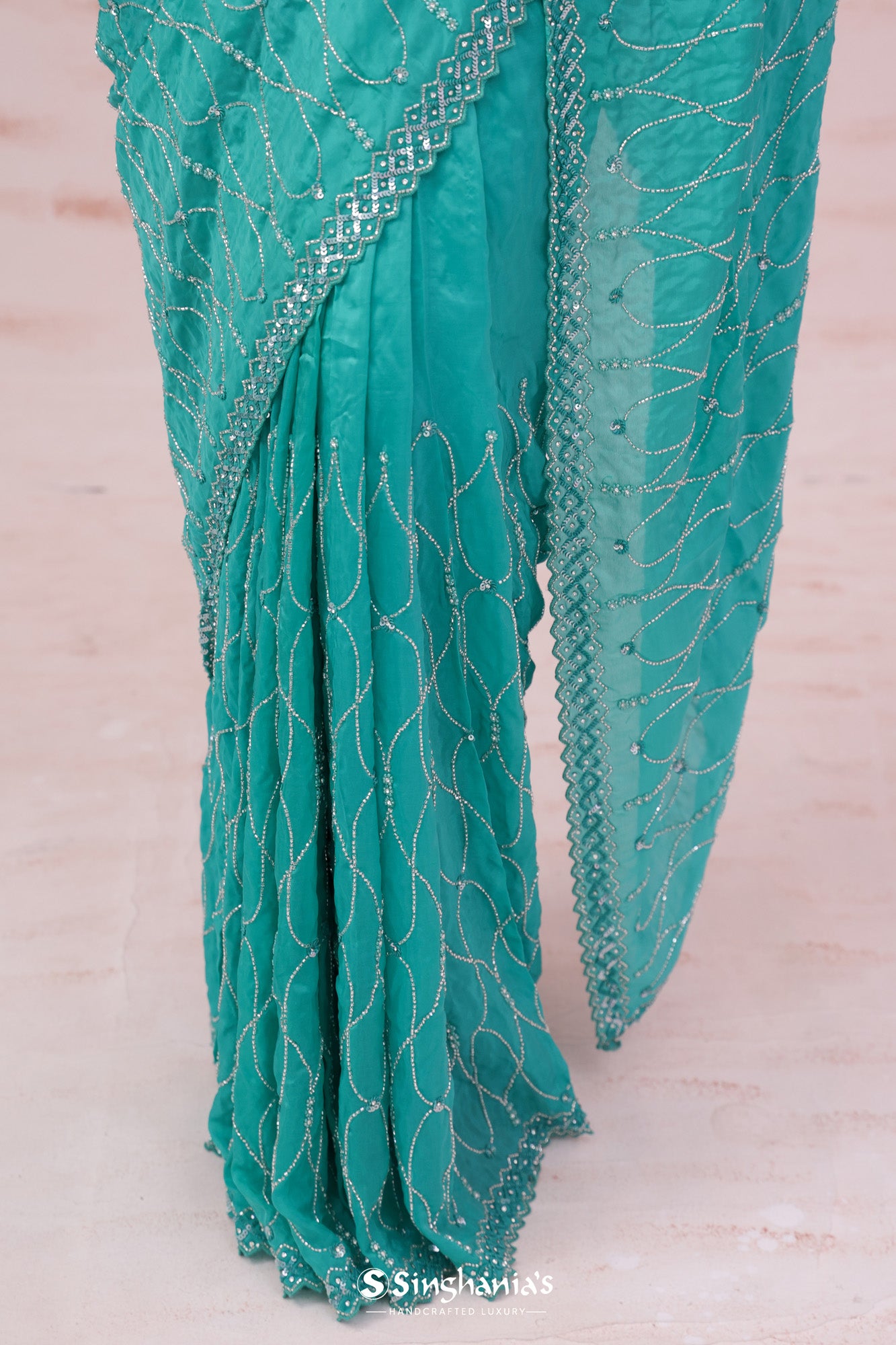 Blue Green Organza Saree With Hand Embroidery