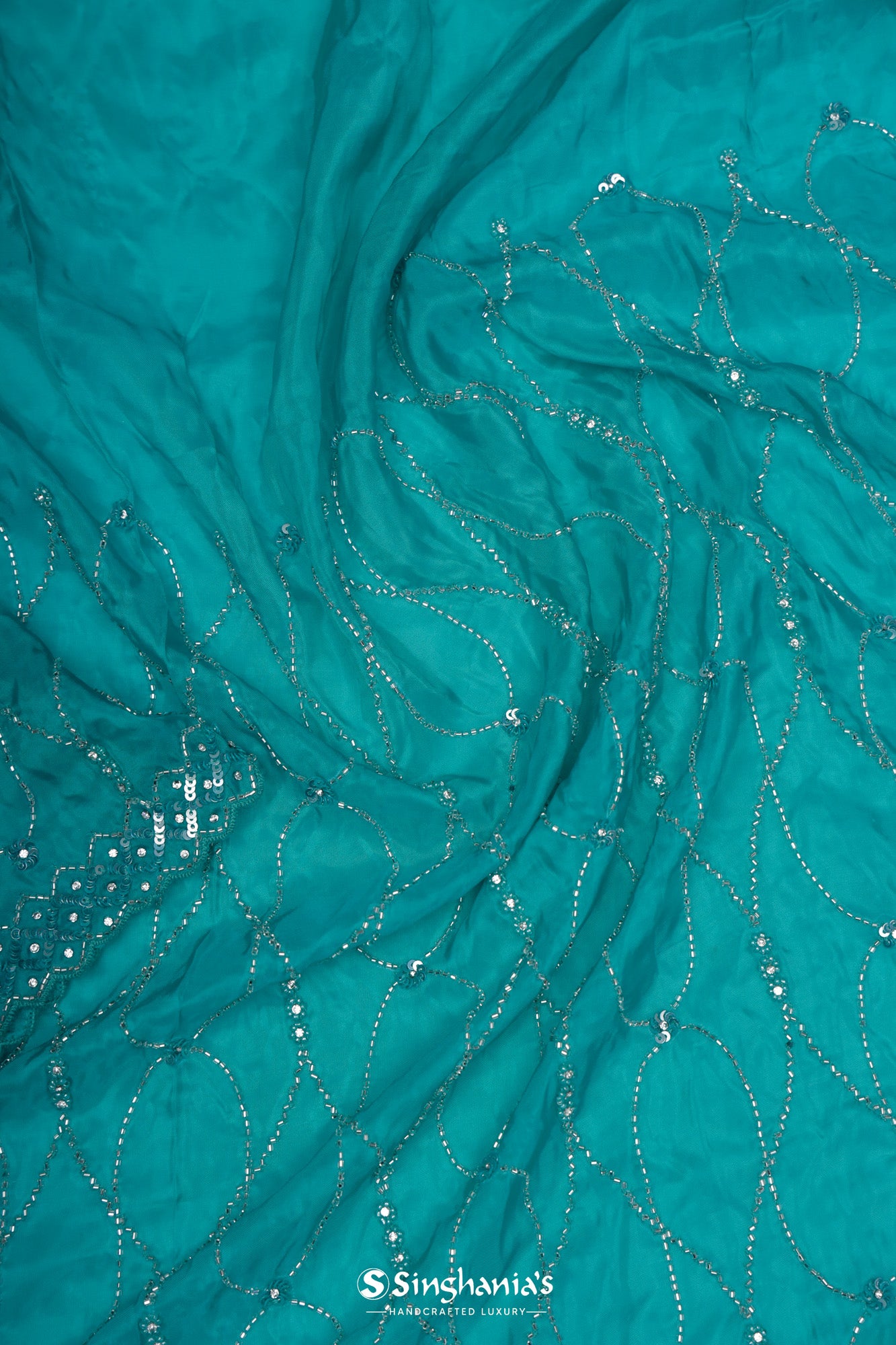 Blue Green Organza Saree With Hand Embroidery