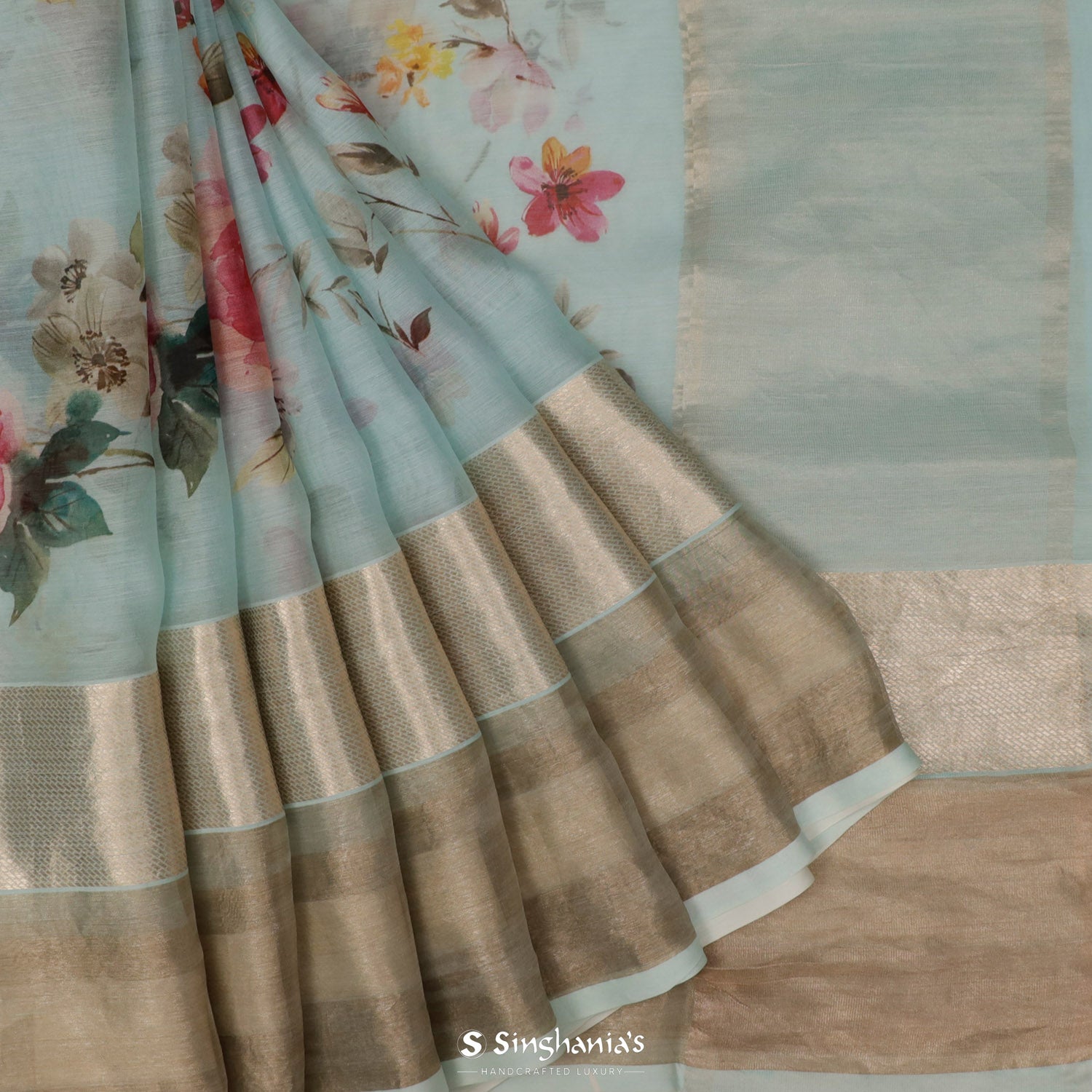 Powder Blue Printed Maheshwari Saree With Floral Pattern