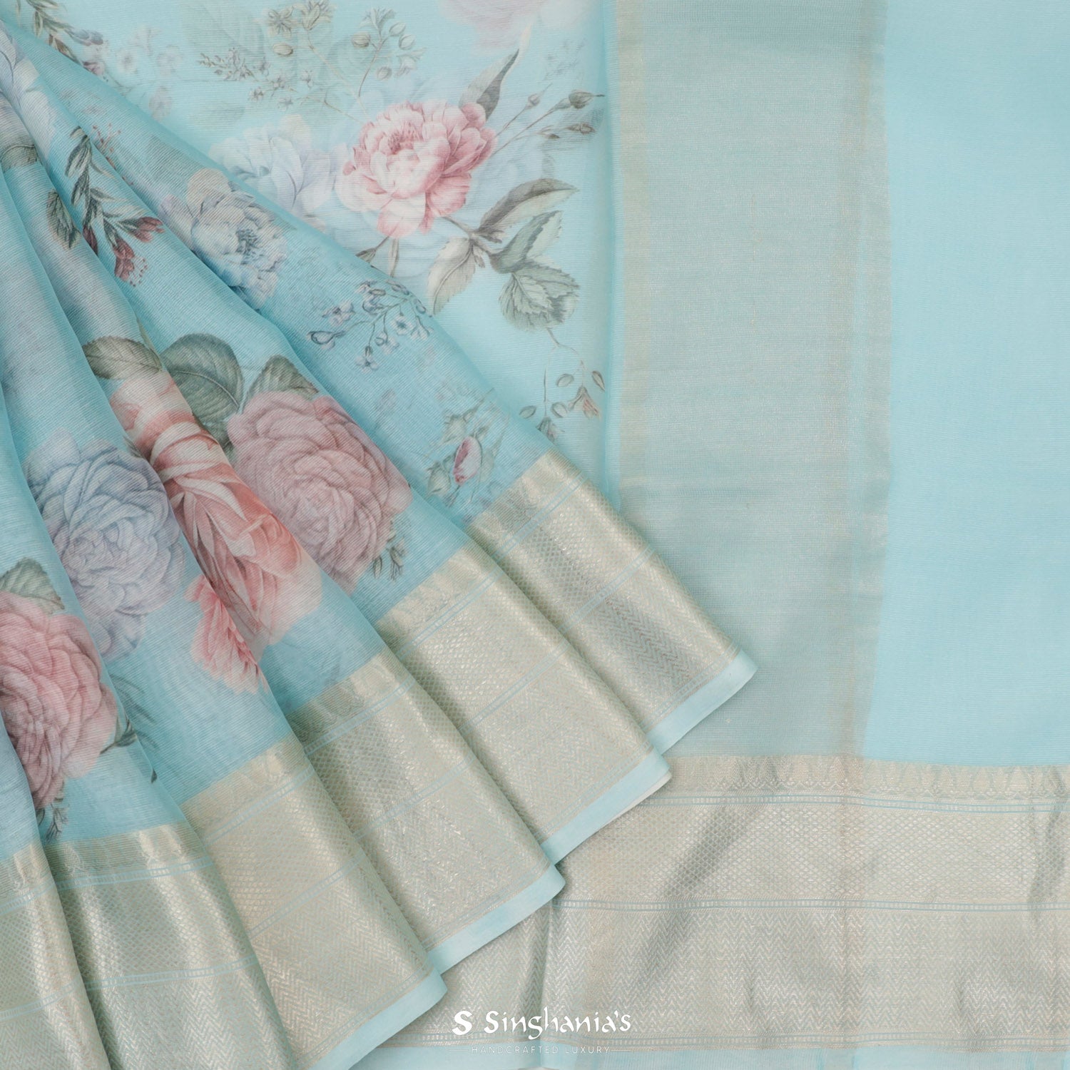 Sky Blue Printed Maheshwari Saree With Floral Pattern