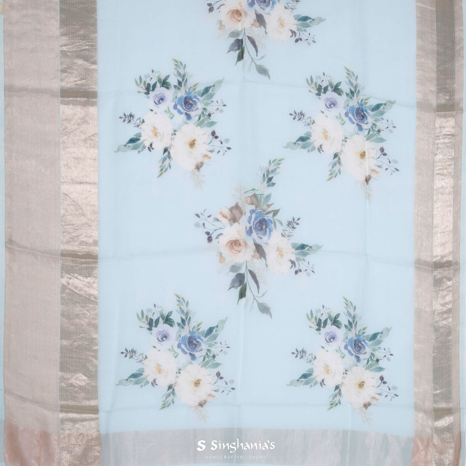 Sky Blue Printed Maheshwari Saree With Floral Pattern