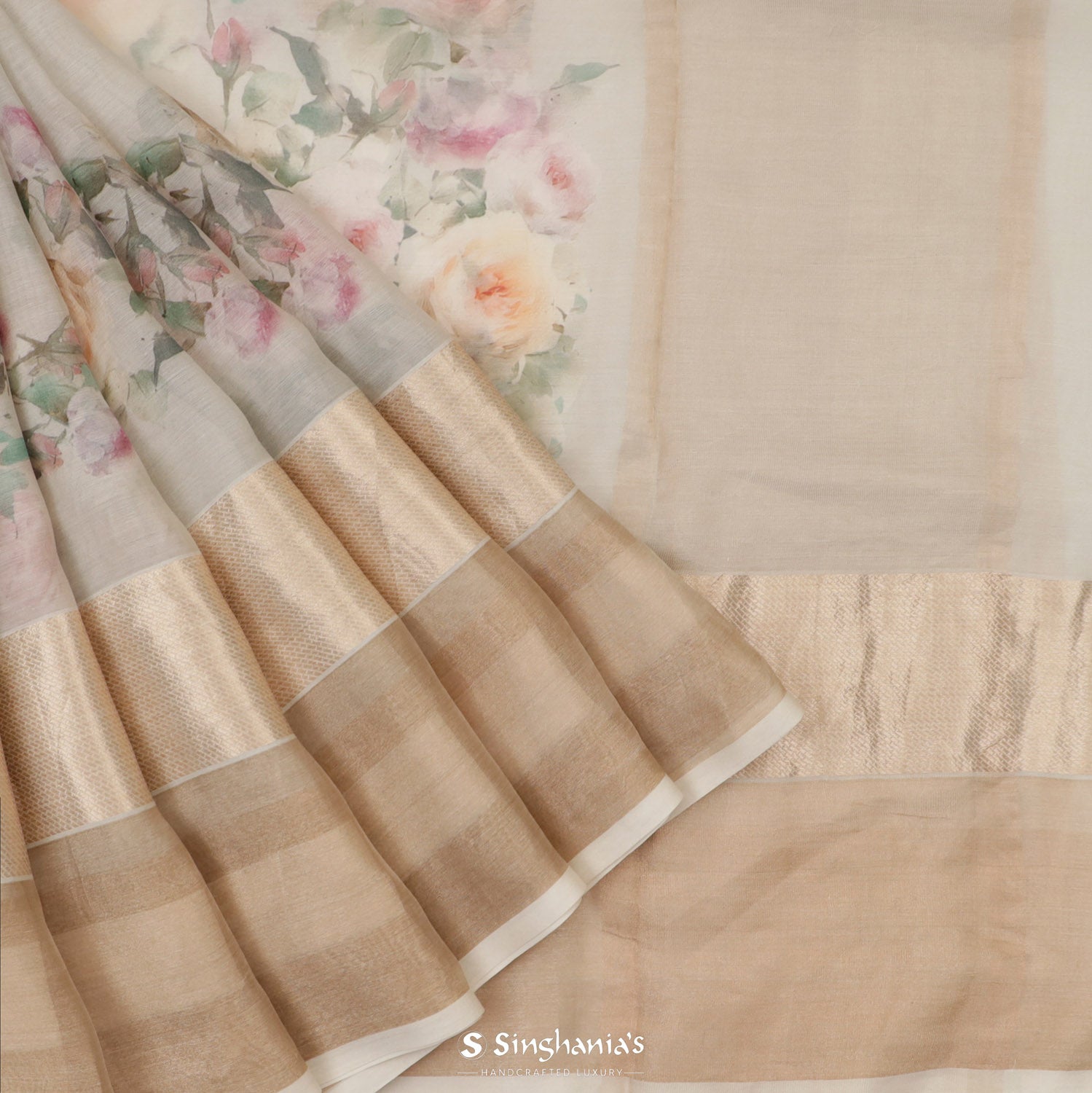 Linen White Printed Maheshwari Saree With Floral Pattern