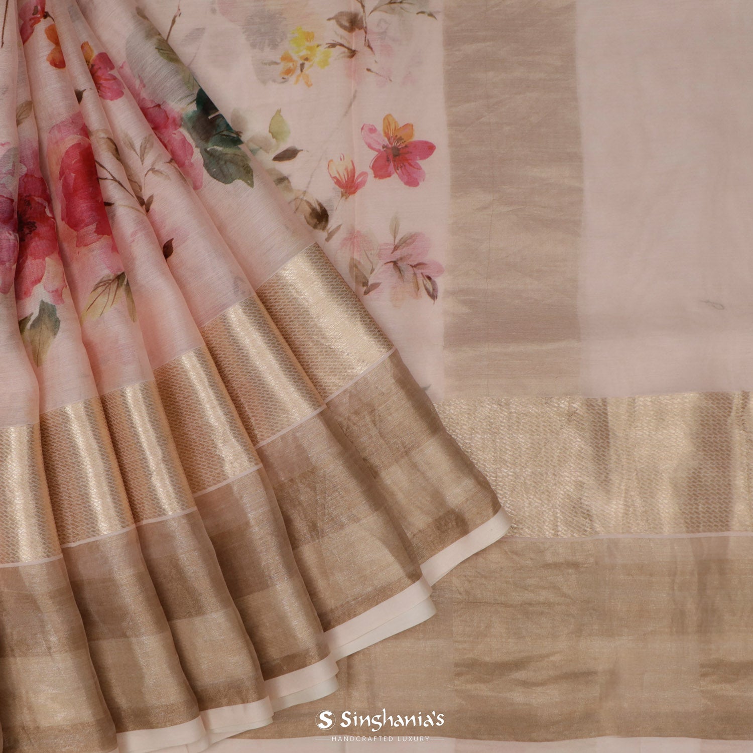 Pastel Pink Printed Maheshwari Saree With Floral Jaal Pattern