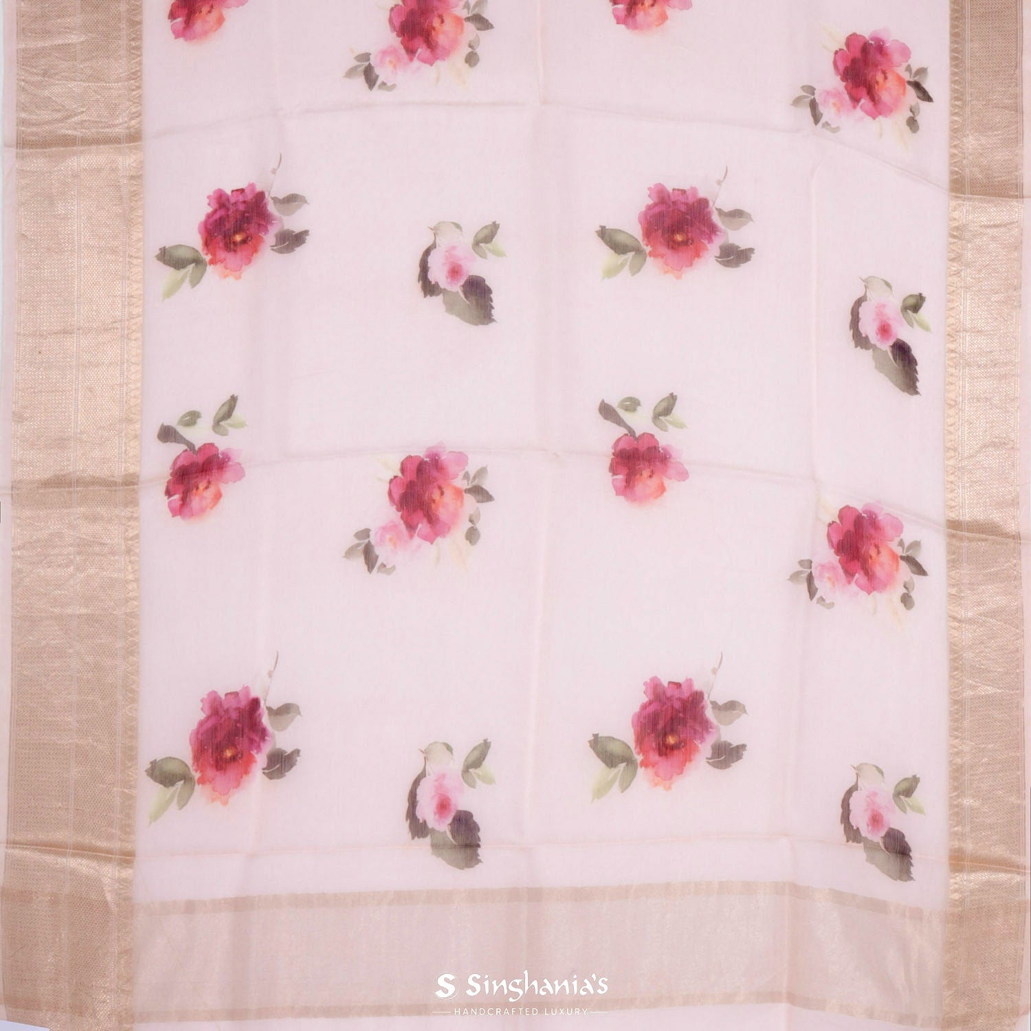 Misty Rose Pink Printed Maheshwari Saree With Floral Pattern