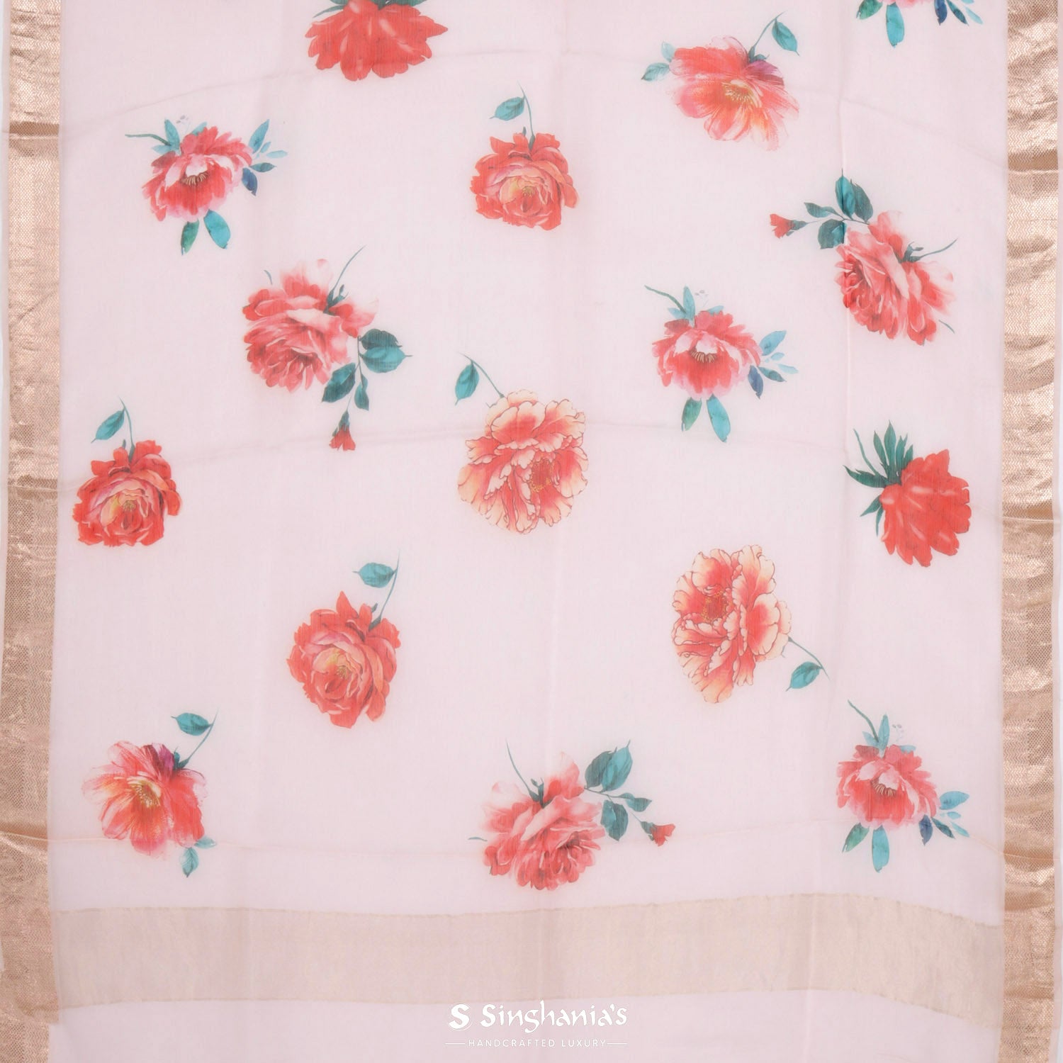 Light Baby Pink Printed Maheshwari Saree With Floral Pattern